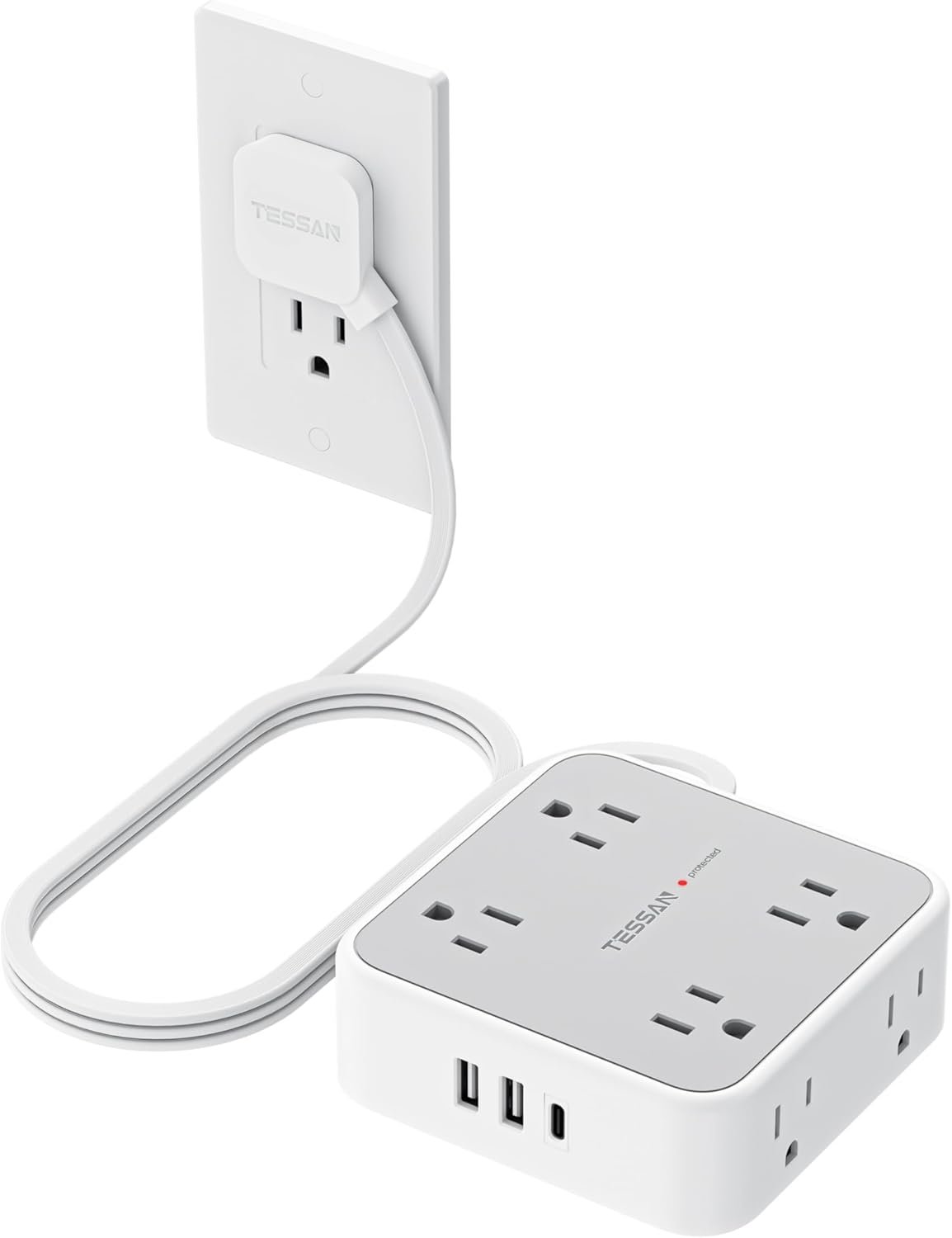 TESSAN Surge Protector Power Strip with 900J Surge Protection, 5 Ft, Grey | 8 AC with 3 USB Ports (1 USB C), Flat Plug Extension Cord, 3 Sided Outlet Extender with Power Switch for Office, Dorm