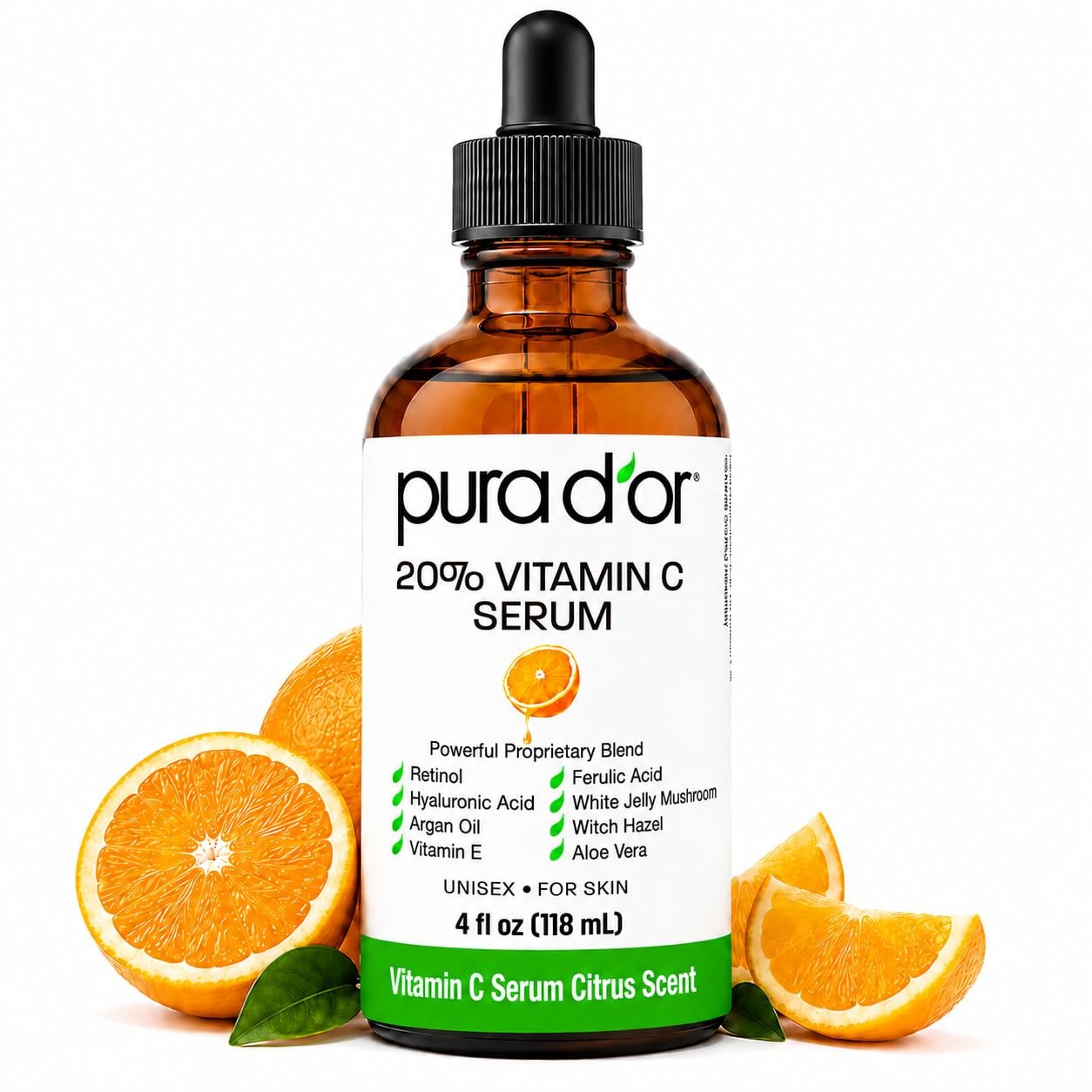 PURA D’OR 20% Vitamin C Anti-Aging Facial Serum, 4 fl oz | Smoother-Looking Texture, pH Balanced, Ferulic Booster, Antioxidant Support, Uneven Tone, Lightweight, Vegan, Cruelty-Free