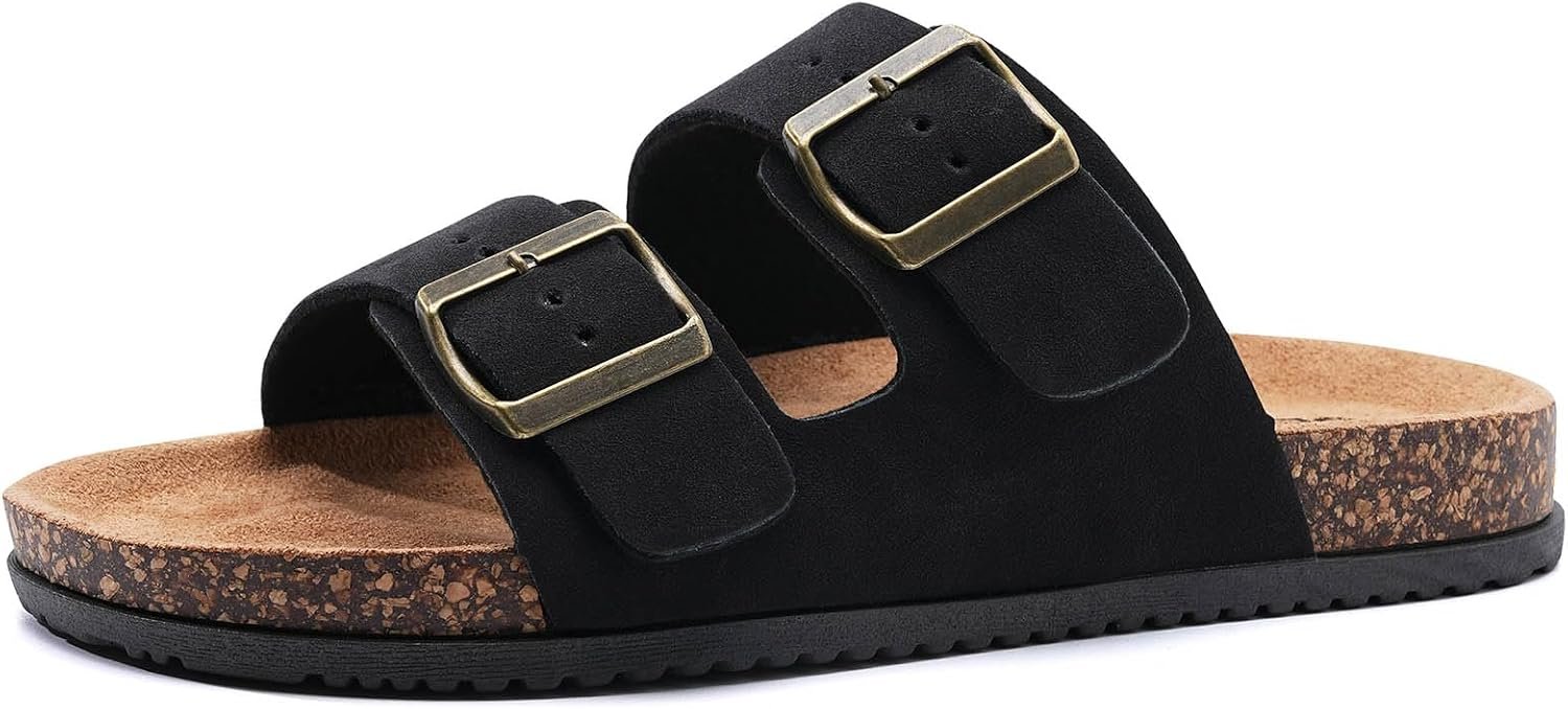 Arch Support Footbed Sandals for Women & Men, Adjustable Double Buckle Comfort Sandals, Cork-Style Cushioned Sole, Casual Walking Slides for Everyday Wear