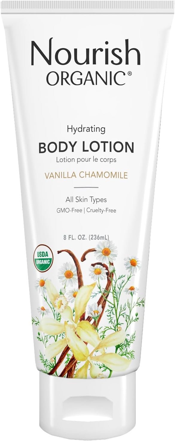 Nourish Organic Body Lotion, Almond Vanilla – Hydrating Body Lotion for Dry Skin with Aloe Vera & Shea Butter (8 Oz) + Washable Cotton Round