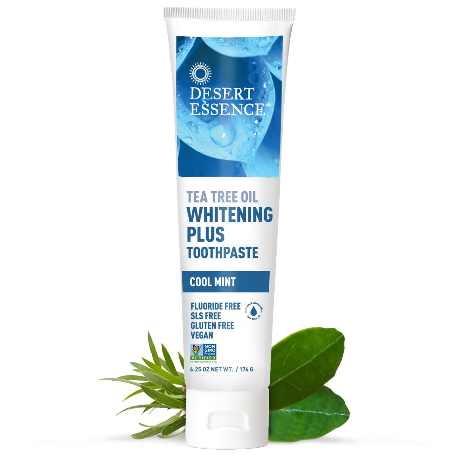 Desert Essence Tea Tree Oil Whitening Plus Toothpaste, 6.25 oz | Cool mint formula with baking soda, bamboo stem fiber and zinc citrate; fluoride-free, vegan and SLS-free