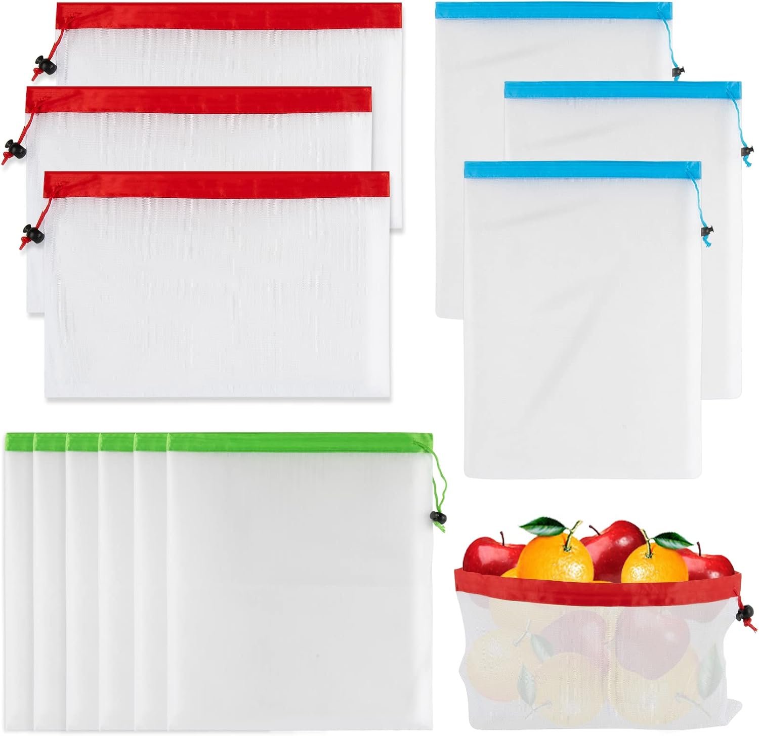 MAQIHAN 12PCS Reusable Produce Bags – Mesh Bags Drawstring for Food Storage | Washable Grocery Shopping Bag, Green Net Bag for Refrigerator Fruits Vegetables Protection, Keep Food Fresh, Toy Organization