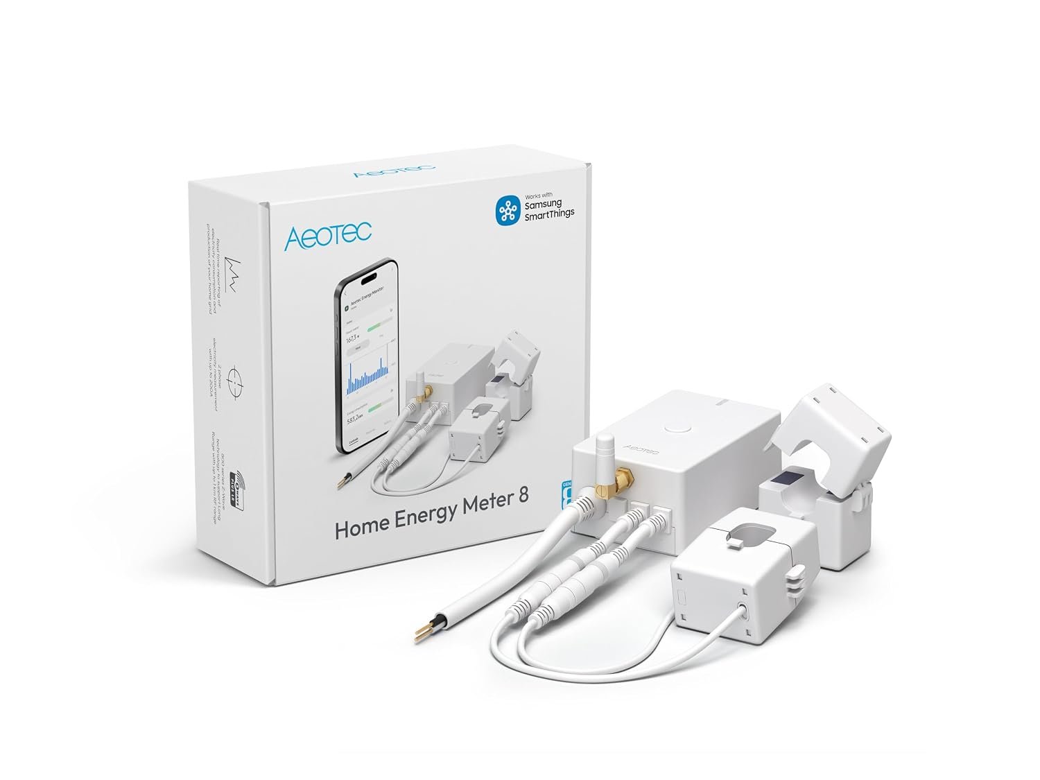 Aeotec Home Energy Meter 8 – Smart Electricity Monitor – Real-Time Usage and Production Tracking – Z-Wave Long Range – 2x200A Clamp-On Sensor – Supports 2-Phase Power – SmartThings – HomeAssistant