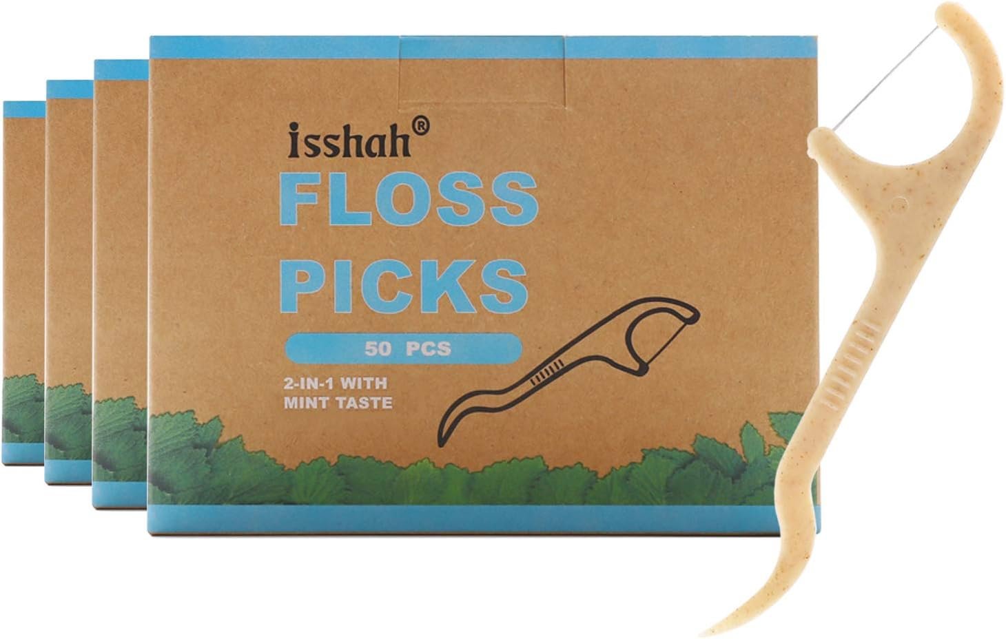Isshah Corn Starch Natural Dental Floss Picks – 200 Count – Mint | Mint flavored vegan flossers. BPA free, PETA approved. Plant-based 3-inch picks for interdental cleaning and fresh breath.