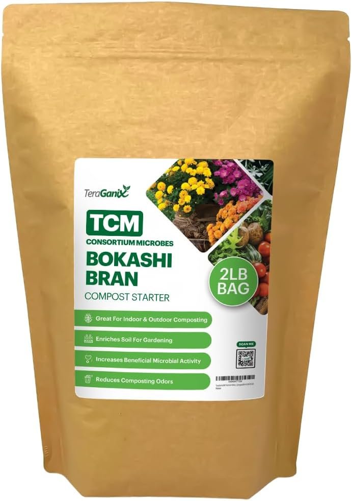 TeraGanix TCM Premium Bokashi Bran, Compost Accelerator, Rice Bran Mix, Odor Eliminator, Bokashi Compost Starter for Kitchen Compost Bin & Soil (2 Lb)