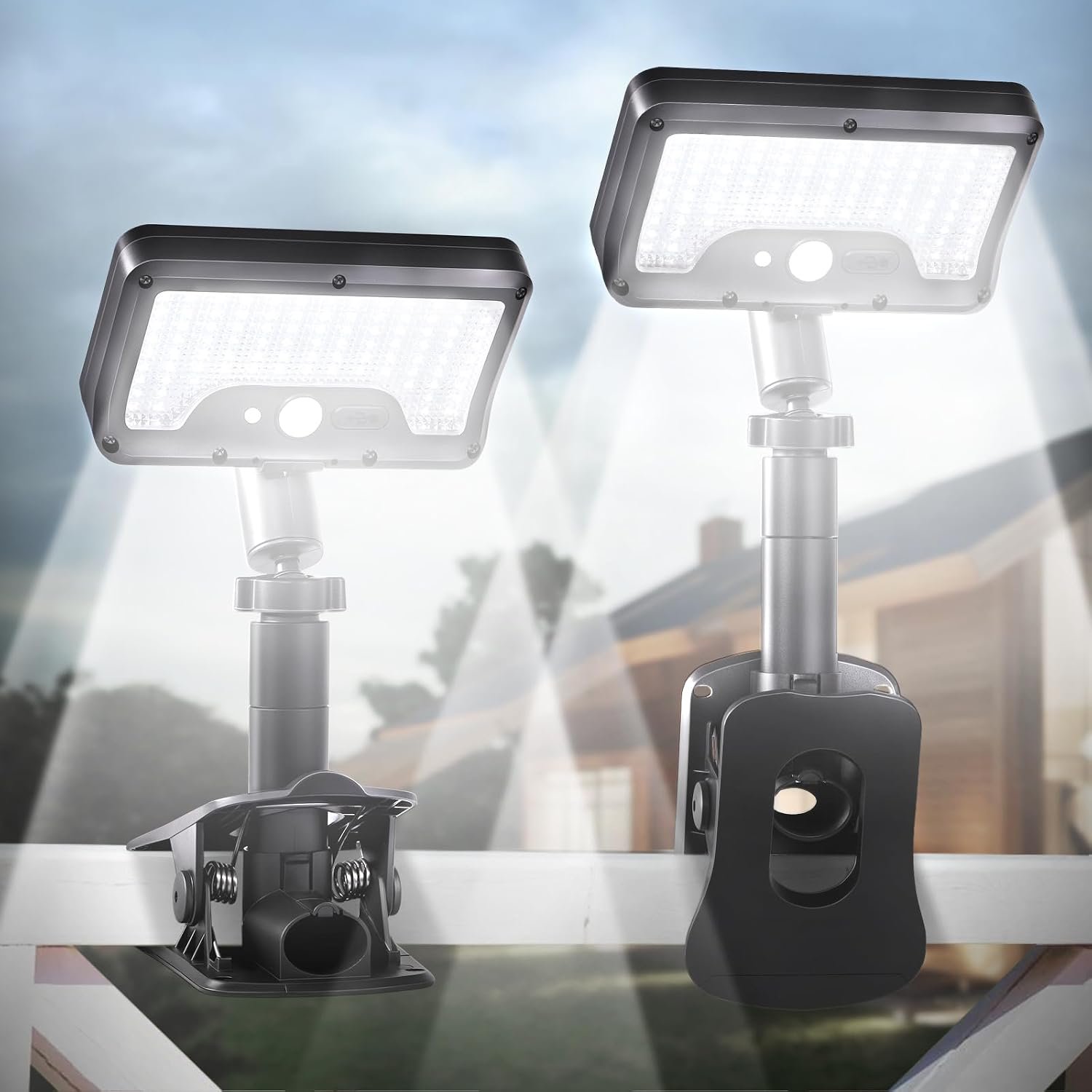 Clip On Motion Solar Lights Outdoor,360°Rotatable Fence Lights(2Pack,6000K) | 92 LEDs, 600LM, USB & Solar Powered,PIR Motion Sensor,3 Light Modes,IP65 Waterproof, For Garden,Security, Pathway,Deck,Gutter