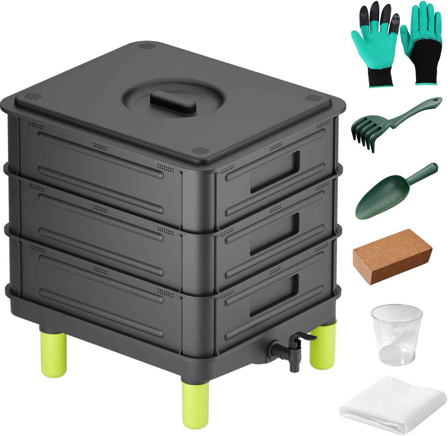 3-Layer Worm Composter, 50L Worm Compost Bin for Indoor & Outdoor, Worm Farm Starter Kits for Vermicomposting Starter, Garden Composting Bin for Recycling Food Waste (Black)
