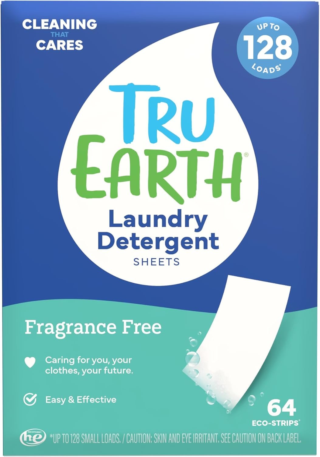Tru Earth Compact Dry Laundry Detergent – Up to 128 Loads (64 Sheets) – Paraben-Free – Original Eco-Strip Liquidless Detergent, Travel | Packaging May Vary
