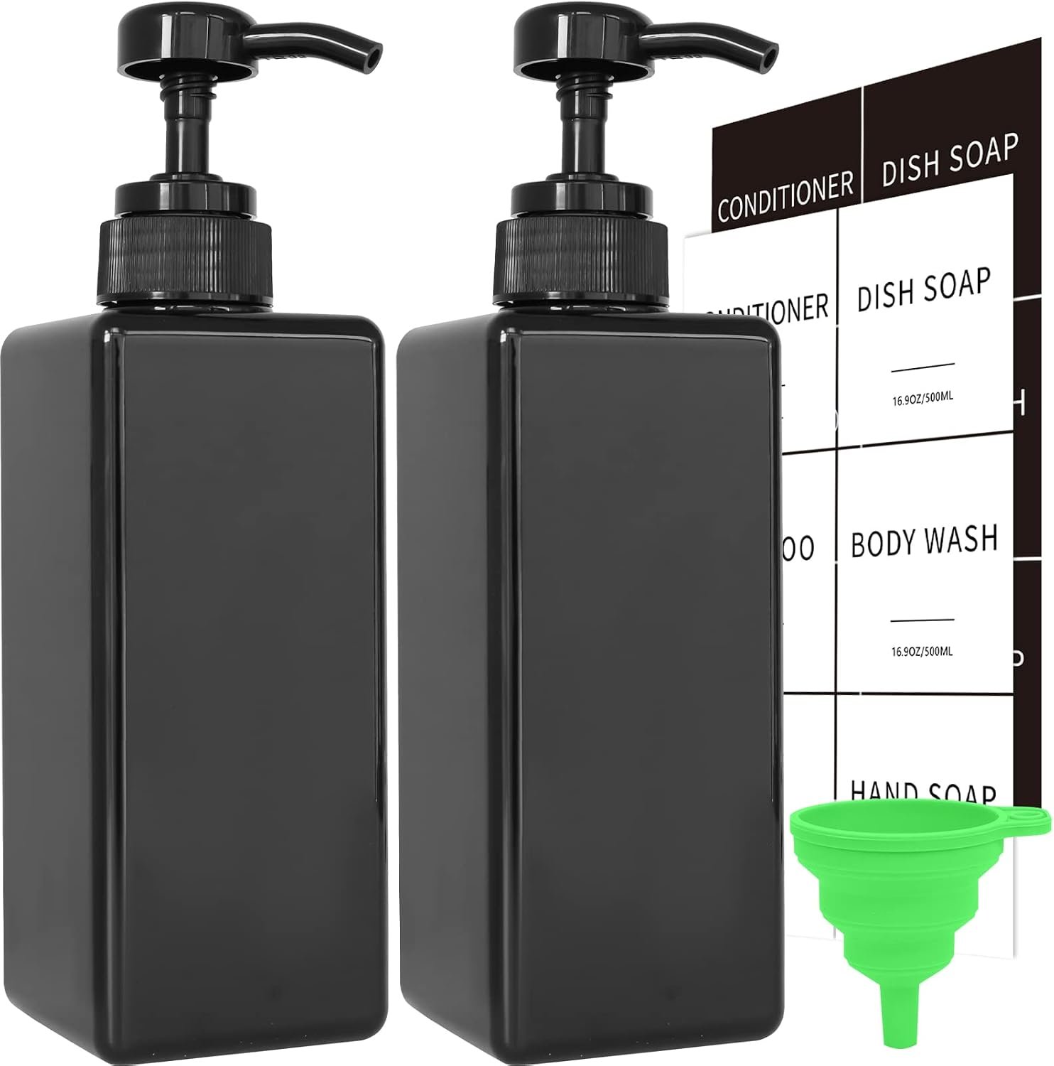 Black Soap Dispenser with Waterproof Labels, Thickened Plastic Hand Soap Dispenser for Bathroom, Kitchen Dish Washing Liquid Bottles, Shampoo and Conditioner Bottles with Funnel (16oz 2Pack Black)