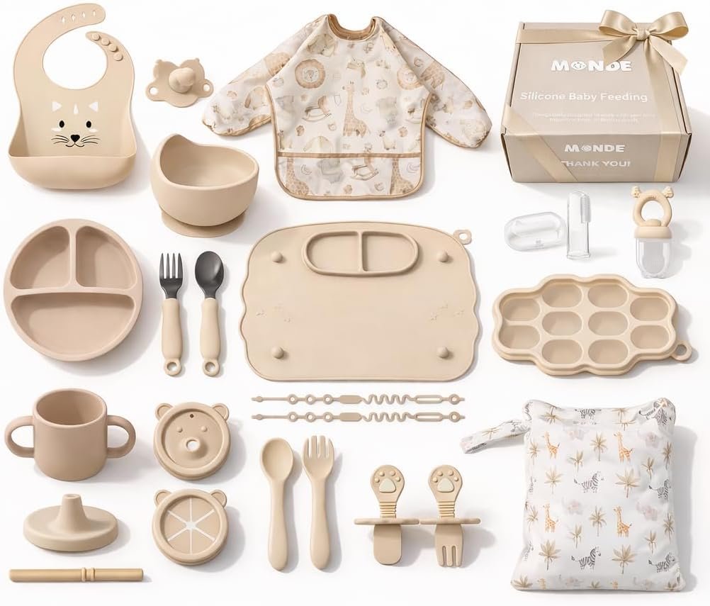 MONDE 25PCS Ultimate Silicone Baby Feeding Set, Complete Mealtime Baby-Led Weaning Essentials From Infant To Toddler, Bib, Smock, Sippy Cup, Dry Wet Bag, Placemat, Perfect Premium Gift Set (Beige)