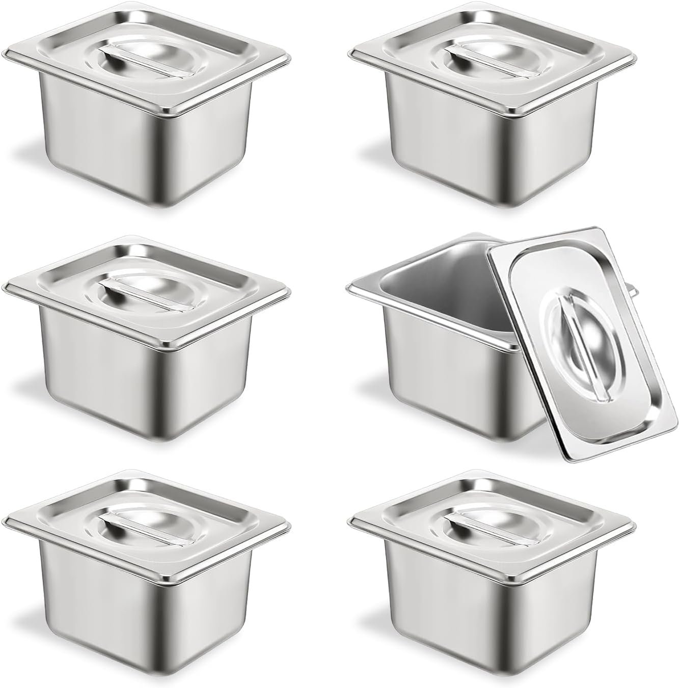 6 Set Stainless Steel Hotel Pans 1/6 Size 4 Inch Deep With Lids, Anti-Jam Chafing Steam Table Pans, Catering Food Storage Metal Pan