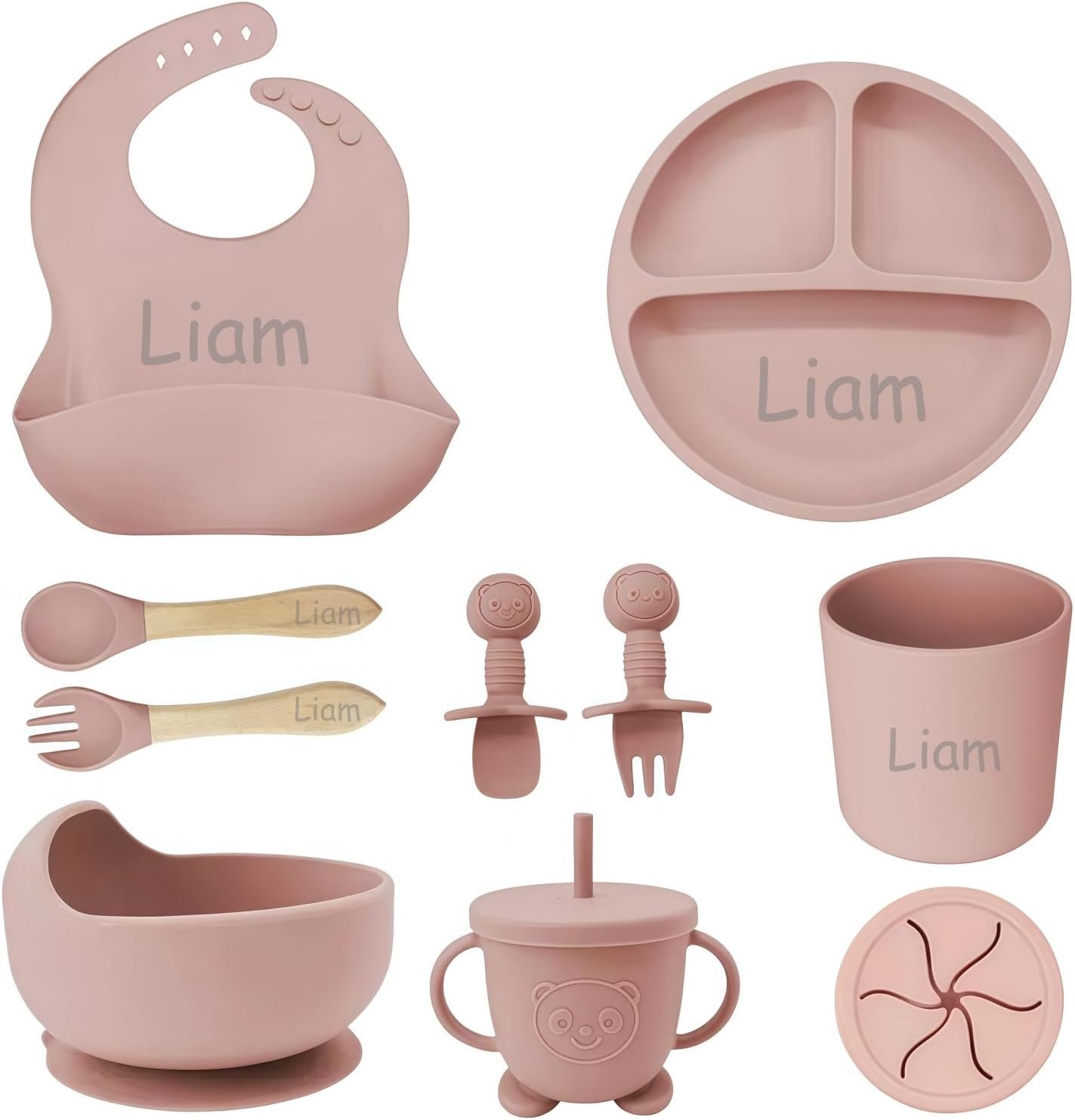 Personalized Silicone Suction Plates for Baby，Custom Toddlers Spoon and Fork, Baby Feeding Set with Name,Baby Birthday Gift for Boy & Girl (Light Pink)