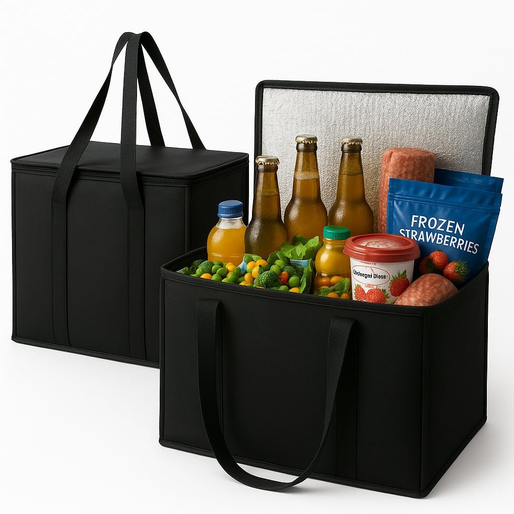 2-Pack, XL-Large Insulated Grocery Shopping Bags, Black, Reusable Bag | Thermal Zipper,Collapsible,Tote,Cooler Bag,Transport hot and Cold,Camping groceries Insulated Food Delivery Bag