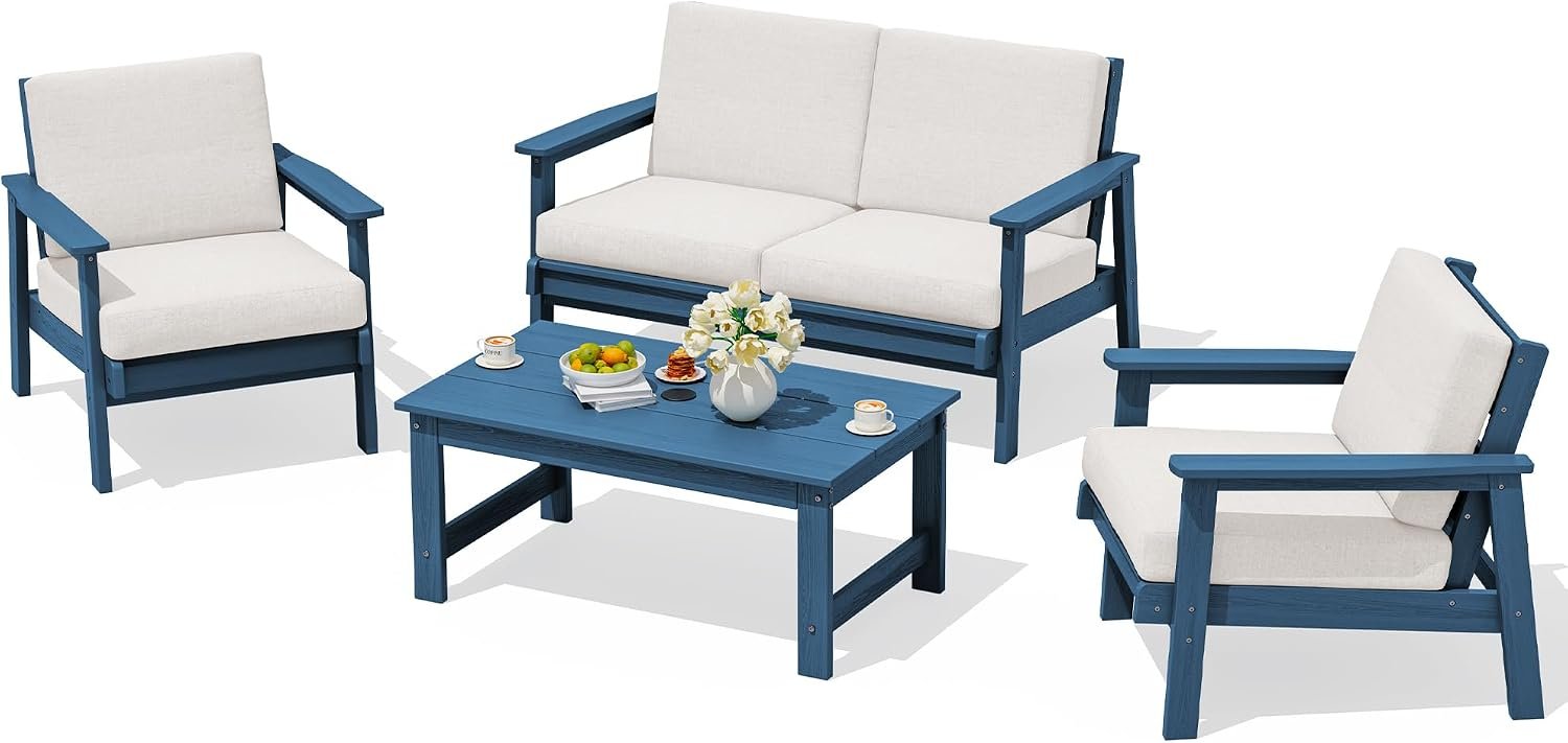 SERWALL HDPE Outdoor Furniture Set 4, All Weather Patio Sectional Couch | Havy-duty Weatherproof HDPE Frame with Wood-Like Texture, Splash-proof Thick Cushions, Blue Frame and Khaki Cushions