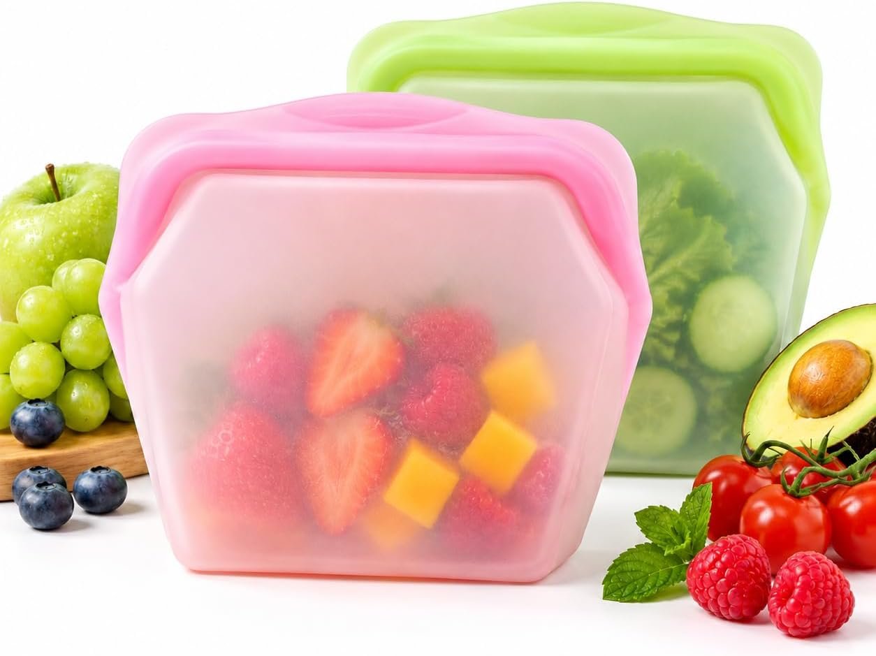 2 Pack Everbag Silicone Reusable Food Storage Bag,1000ml Stand-Up Freezer | Leak Proof, Upright Freezer Bags, Odor-Proof, High-Temperature Resistant