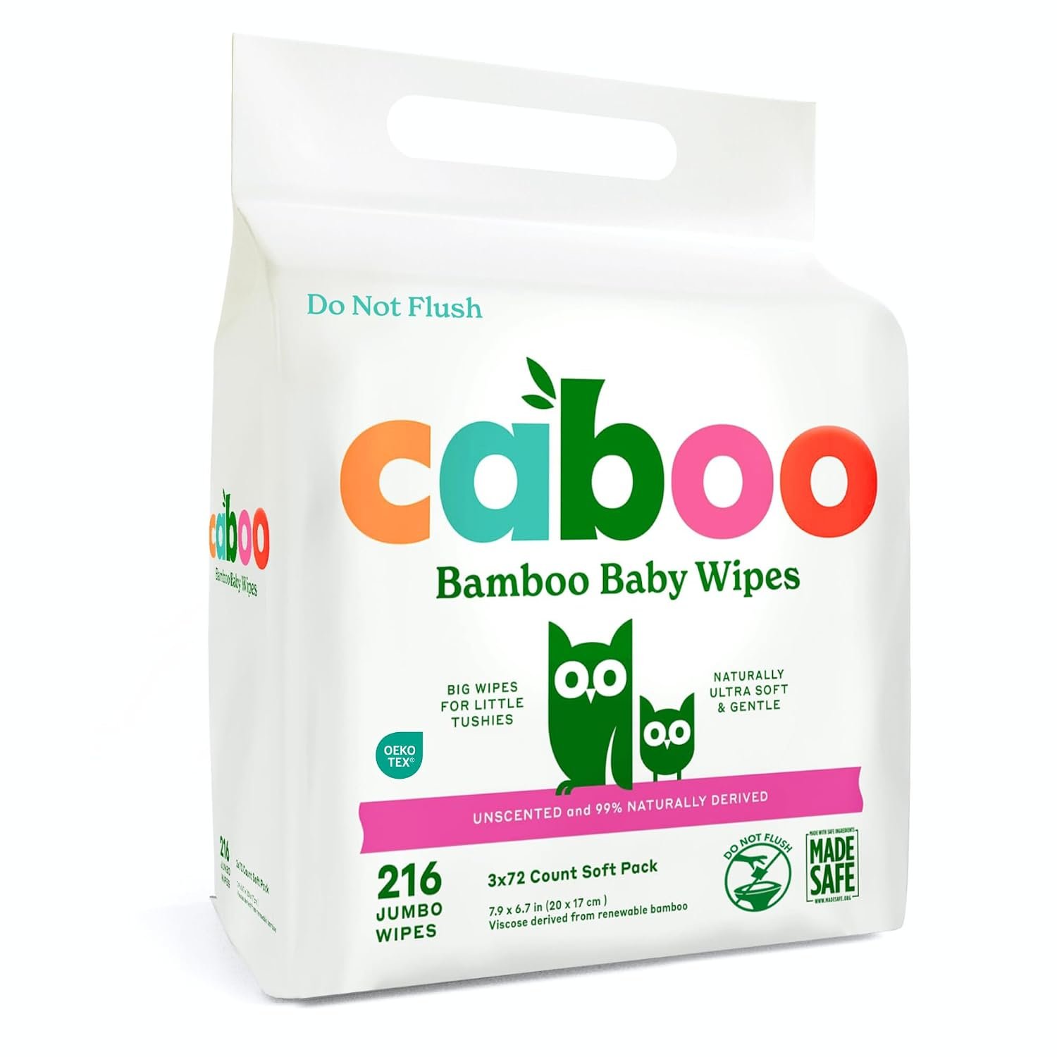 Caboo Tree Free Baby Wipes, Unscented, 72 Wipes Per Pack, 216 Total | 100% Renewable Bamboo Based Viscose, Jumbo Size, Certified Made Safe, Hypoallergenic, Resealable Tab