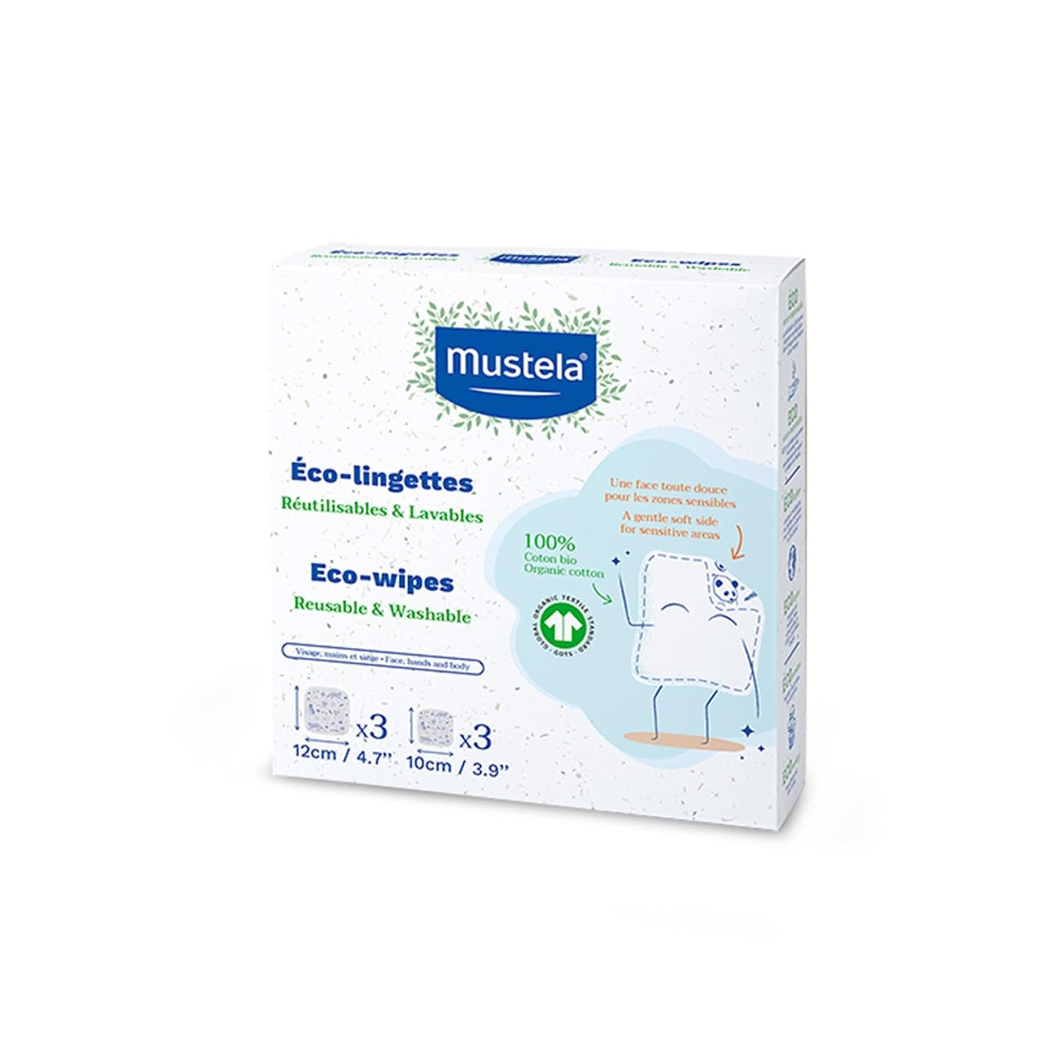 Mustela Reusable & Washable Baby Eco-Wipes – 100% Organic GOTS Certified Cotton Pads for Quick Cleanups or Makeup Removal – 6 counts (3 Large & 3 Small)