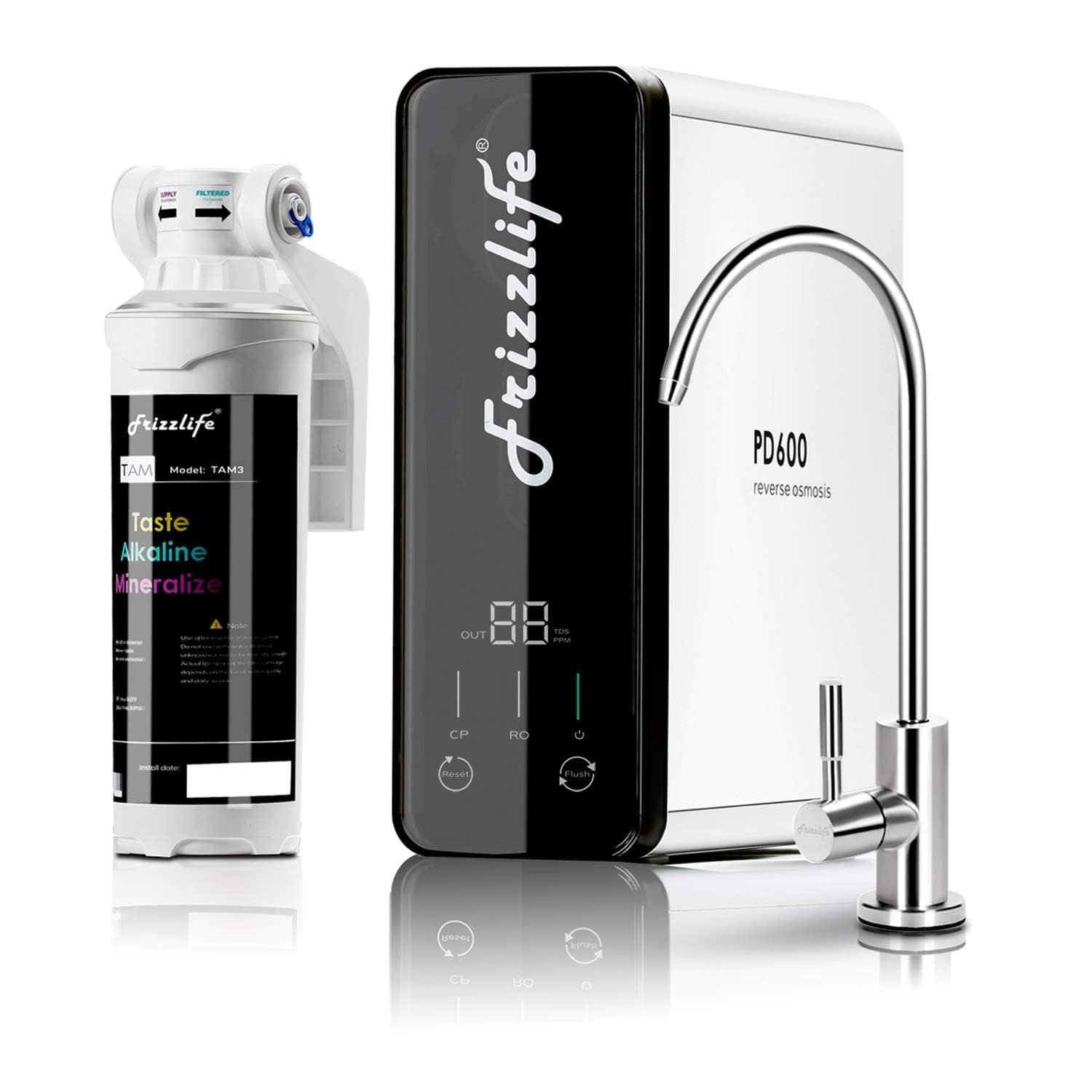 Frizzlife Reverse Osmosis Water Filter – Alkaline Mineral pH+, NSF/ANSI 58&53&42&372 Standard, 600GPD Tankless RO Reverse Osmosis System, Under Sink, 2:1 Pure to Drain, Reduce FPAS/PFOA, PD600-TAM3