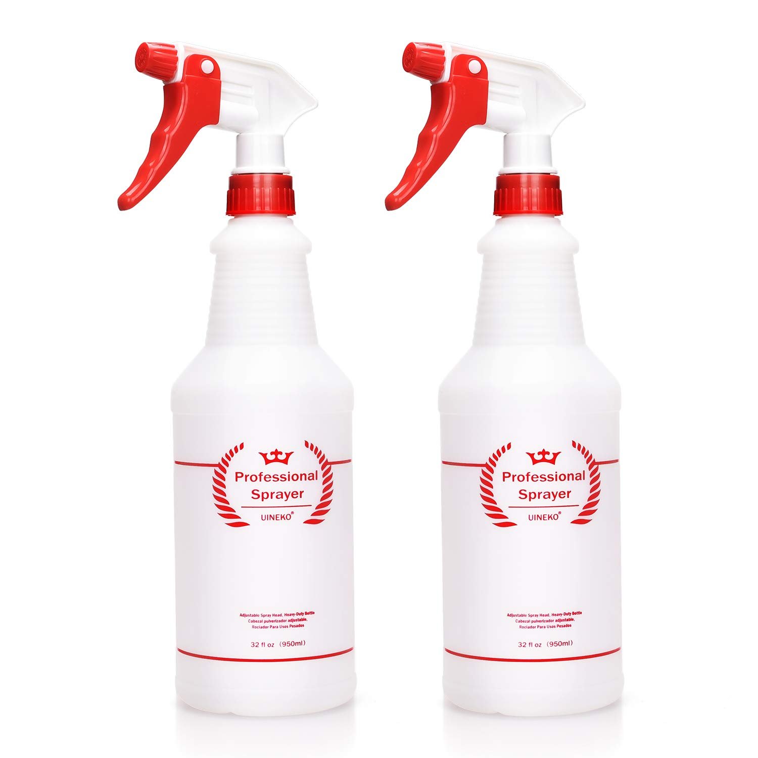 Plastic Spray Bottles 2 Pack, 32 Oz, Heavy Duty Sprayer, All-Purpose, Red | Chemical Resistant, Mist & Stream, Leak-Proof, Better Trigger, Measurements, for Cleaning Solutions, Planting, Car Detailing