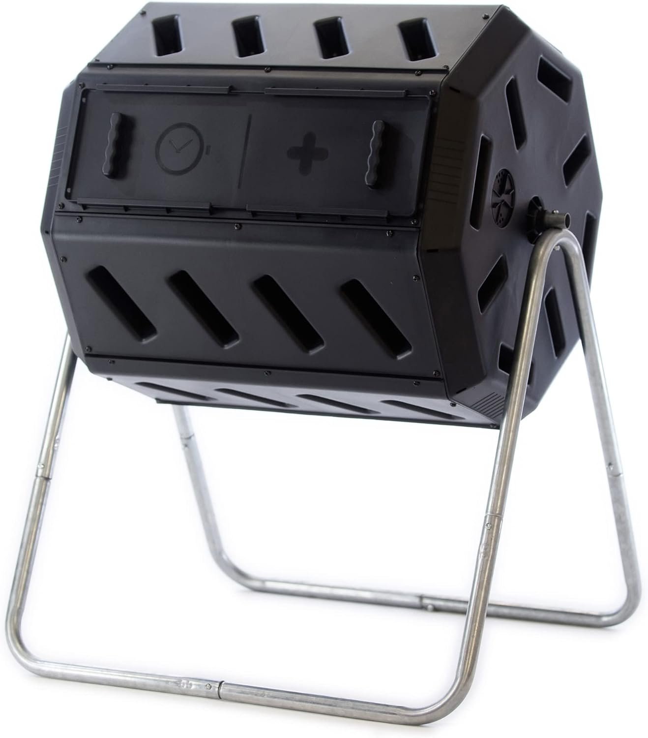 FCMP Outdoor Heavy Duty 37 Gallon 8 Sided Steel Composter, Black | Portable Plastic Dual Chamber Tumbling Composter Outdoor Elevated Rotating Garden Compost Bin