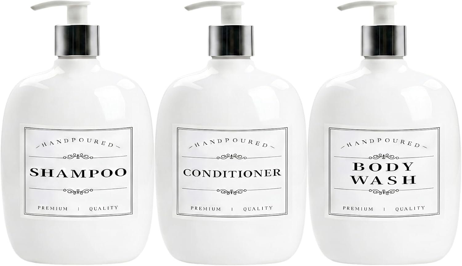 Shampoo and Conditioner Dispenser 3 Pack 17 oz Body Wash Bottles with Waterproof Labels Refillable Shower Soap Bottle Set for Bathroom(White)
