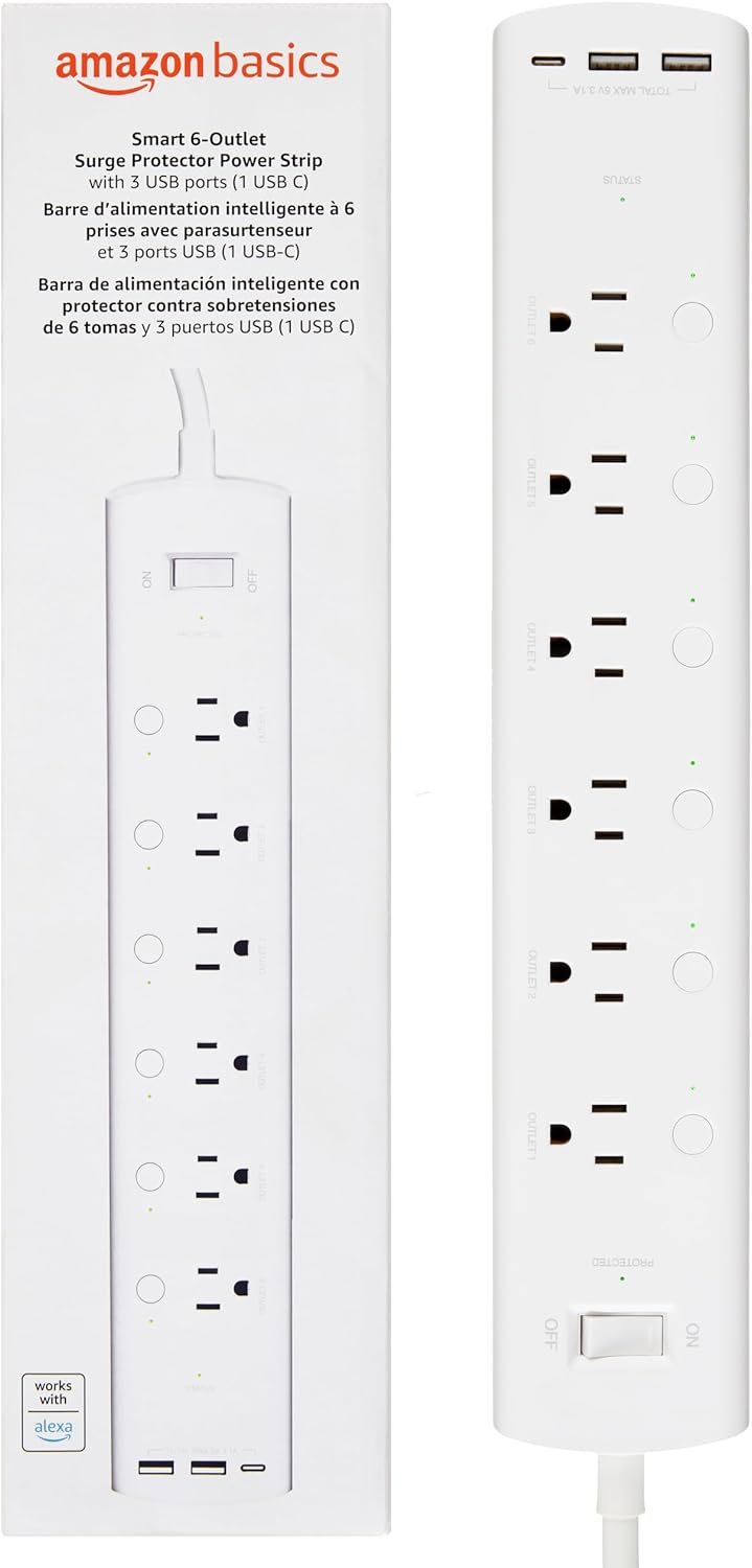 Amazon Basics Smart Plug Power Strip with 6 Individually Controlled Outlets and 3 USB Ports (2 USB-A and 1 USB-C), WiFi, Works with Alexa Only, 2.4 GHz, No Hub Required, White