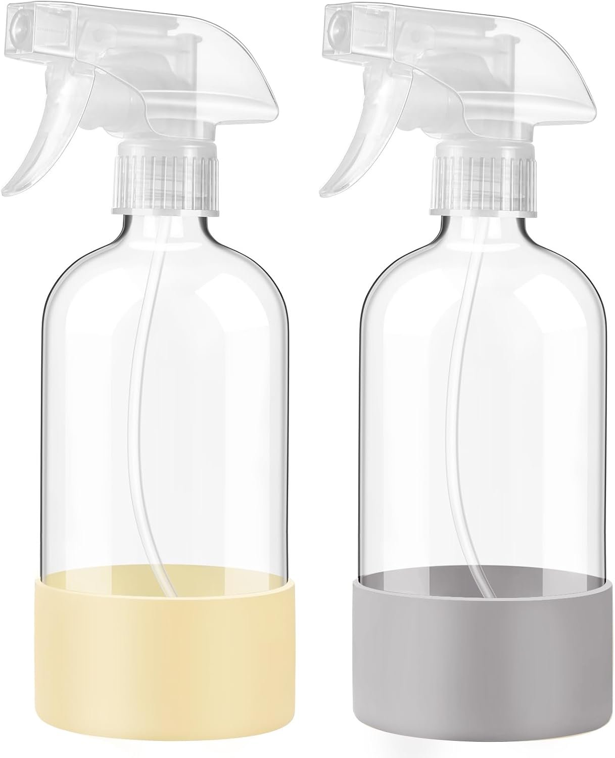 Glass Spray Bottles with Silicone Sleeve, 2 Pack16 oz Empty Refillable Containers with Adjustable Spray Nozzles, Spray Bottles for Hair, Cleaning Solutions and Plants Pale Yellow&Grey | Leak-Proof Empty Refillable Containers with Adjustable Spray Nozzles, Spray Bottles for Hair, Cleaning and Plants