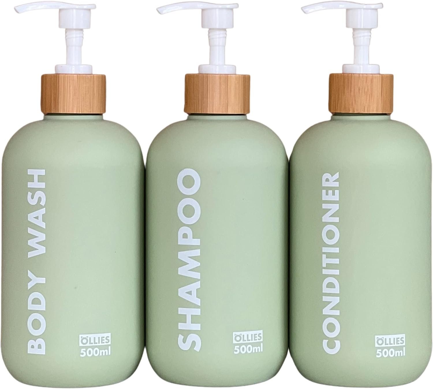 OLLIES Shampoo and Conditioner Dispenser, Shower Soap Dispenser for Bathroom, Set of 3 with Permanent Stylish Label, 17oz, 500ml Refillable Shampoo and Conditioner Bottles Green