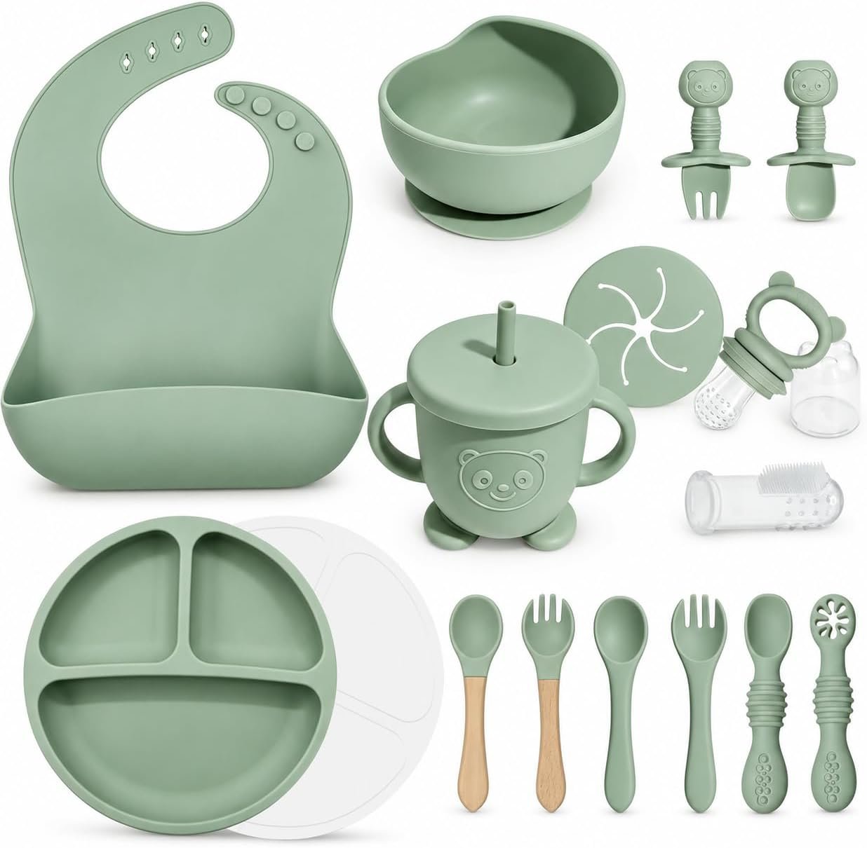 Silicone Baby Feeding Utensils Set for 6+ Months, 17 Pcs, Green | Baby Led Weaning Supplies with Suction Plates & Bowls, Adjustable Bib, Spoon & Fork, Sippy Cup, Fruit Feeder, Finger Brush