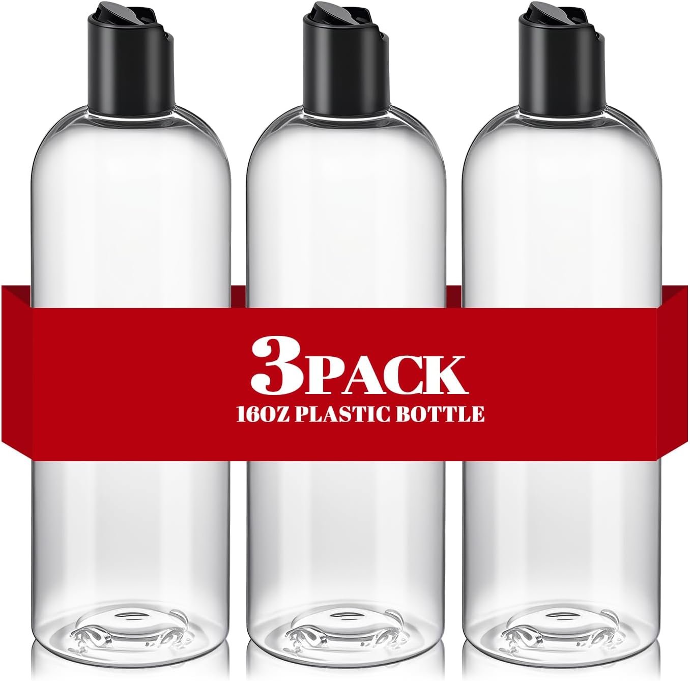 3Pcs 16 oz Clear Plastic Refillable Travel Bottles with Black Disc Top Caps | Squeeze Empty Shampoo Bottles, For Shampoo and Conditioner, For Lotions, Body Soap Cream, Cosmetic Containers