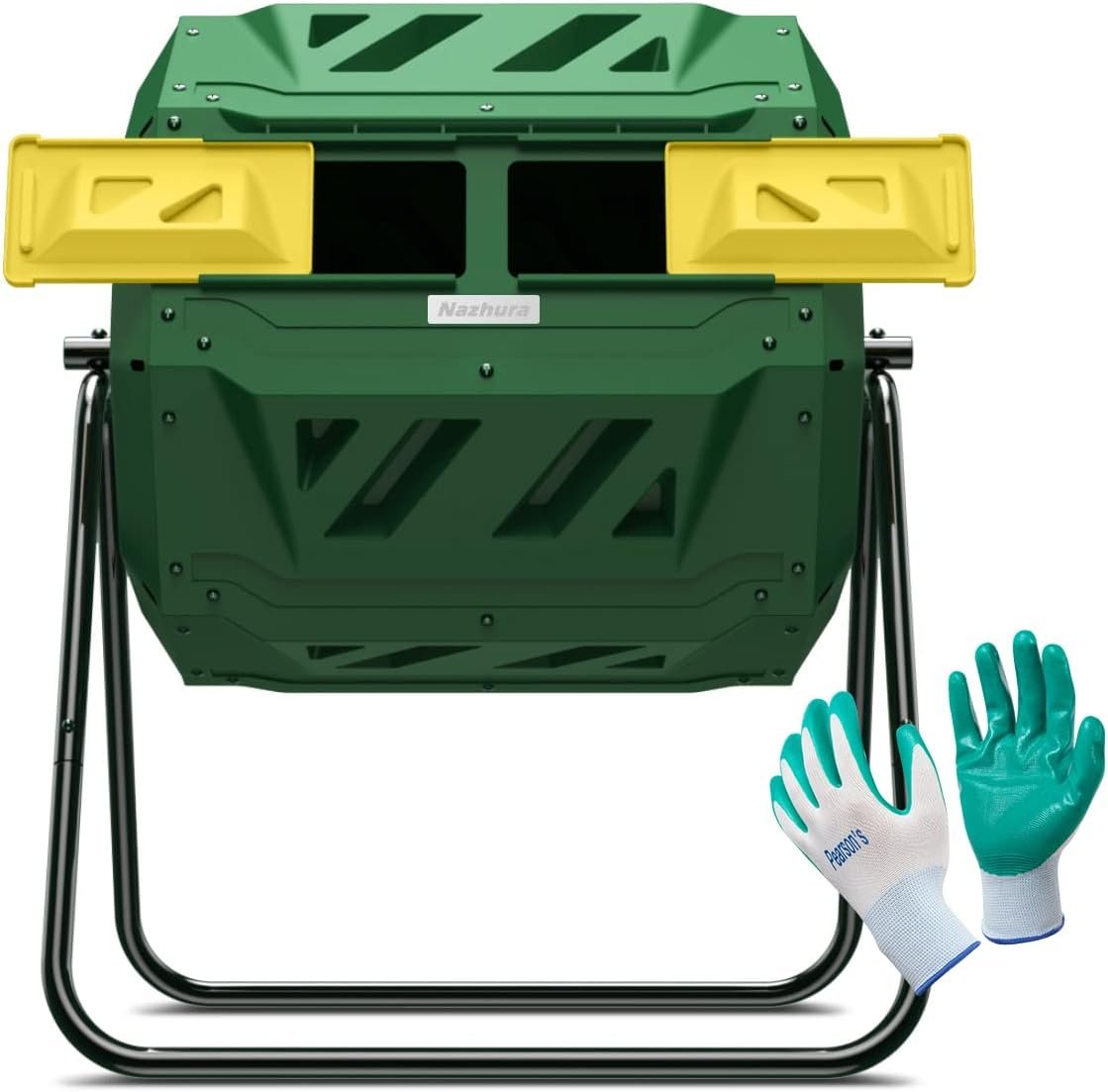 Compost Tumbler Bin Composter Dual Chamber 43 Gallon (Bundled with Pearson’s Gardening Gloves)