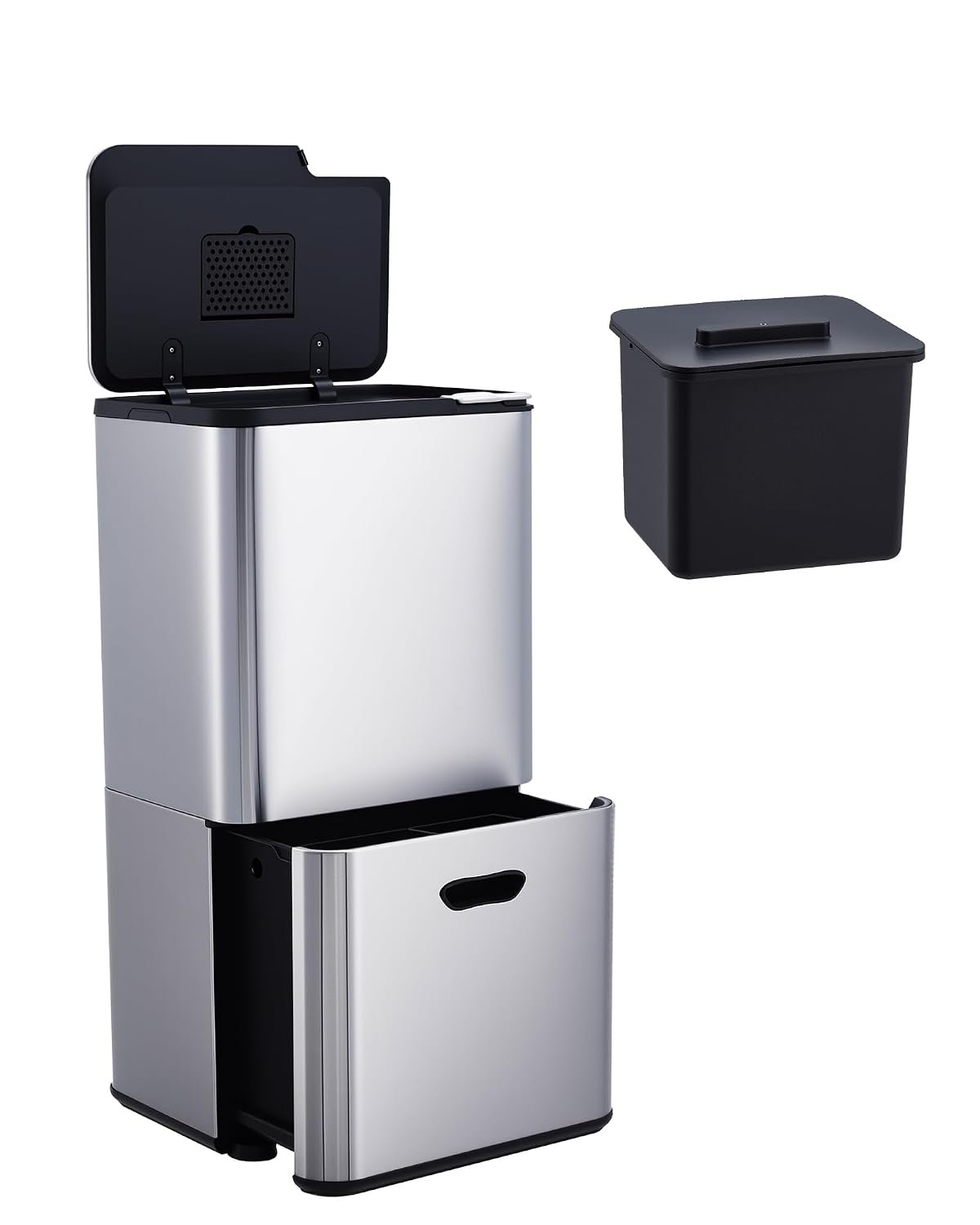 Garvee Dual Trash Can for Kitchen, 2 Compartment (33L + 28L) Garbage Can | Stainless Steel Trash and Recycle Bin Combo, with Compost Bin, Removable Inner Bucket, Odor Control, Silver