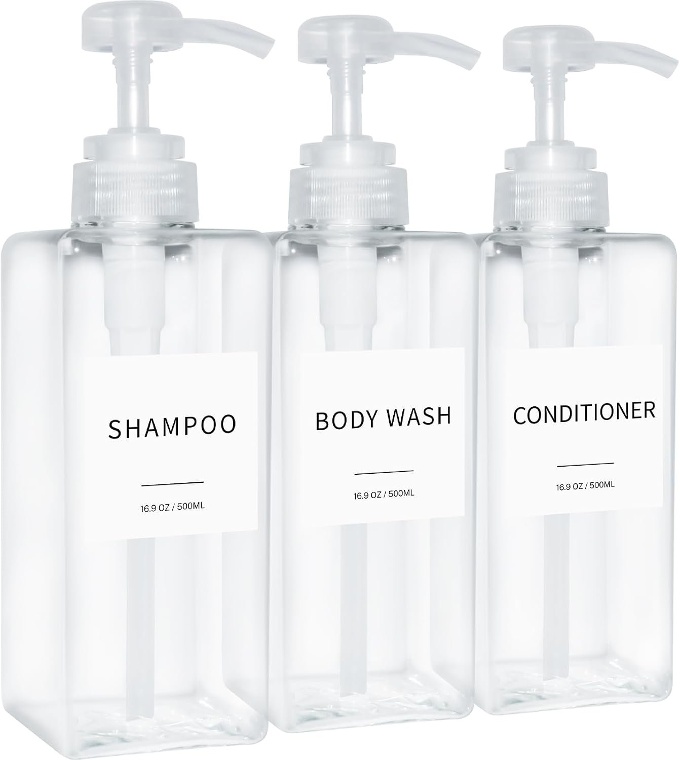 Shampoo and Conditioner Dispenser, Refillable Plastic Shampoo Pump Bottles with Waterproof Labels, Empty Body Wash Dispenser Set for Bathroom, Shower Soap Bottles (Clear, Set of 3, 16.9oz)