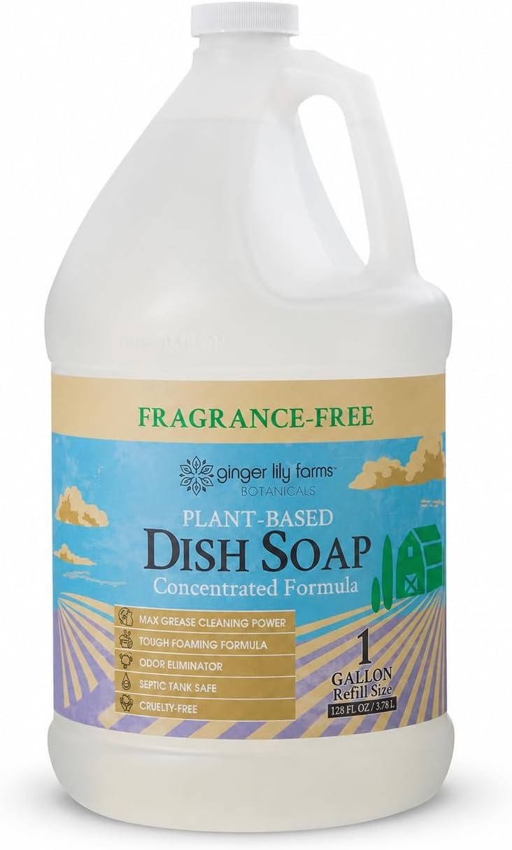 Ginger Lily Farms Botanicals Plant-Based Liquid Dish Soap, Concentrated Formula with Max Grease Cleaning Power, Cruelty-Free, Fragrance-Free, 1 Gallon Refill (128 Fl. Oz.), Clear