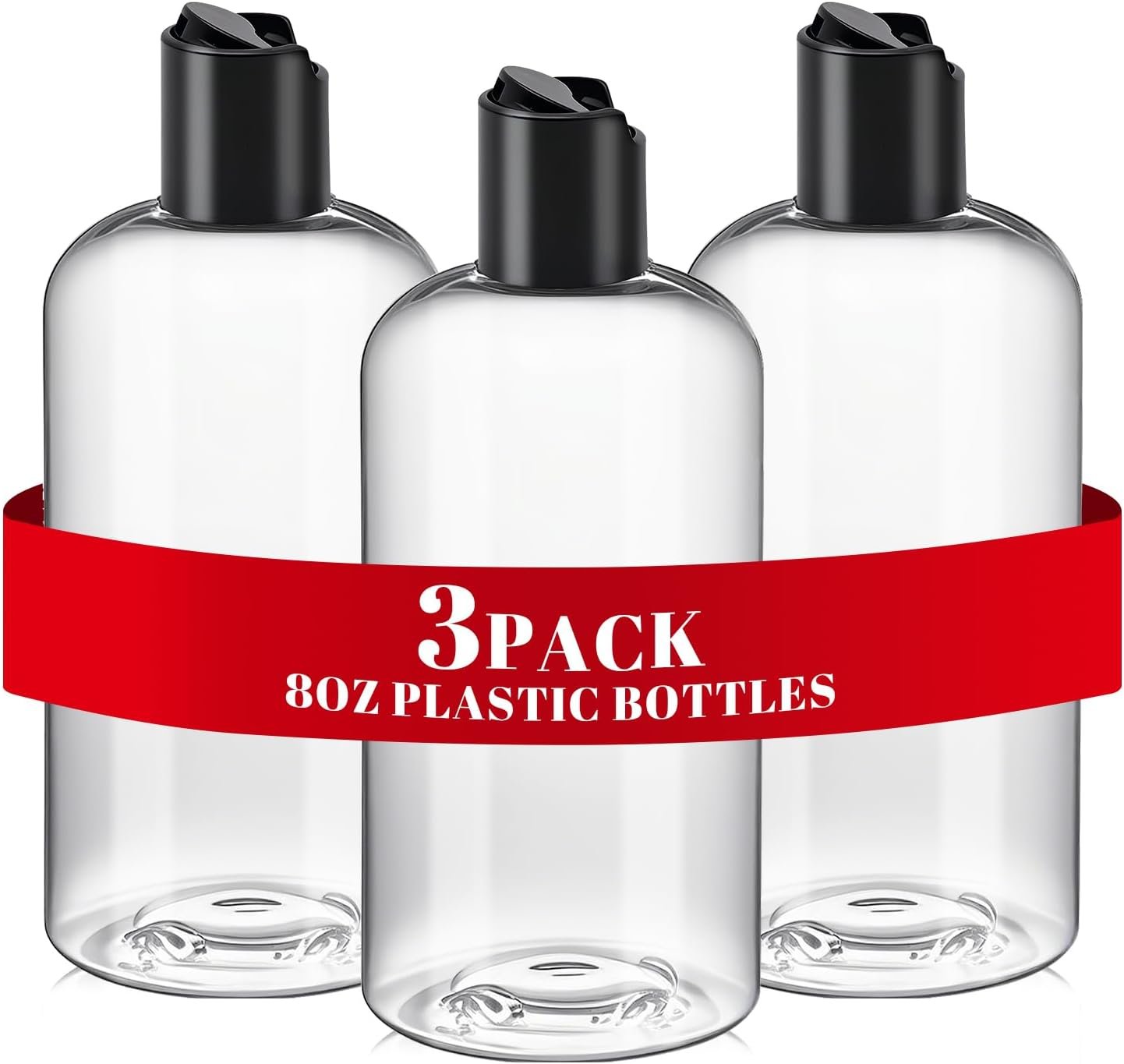 3Pcs 8 oz Clear Plastic Empty Bottles with Black Disc Top Caps for Travel | Refillable Squeeze Toiletry Bottles, Shampoo and Conditioner Bottles, Cosmetic Containers, For Lotions Body Soap Cream