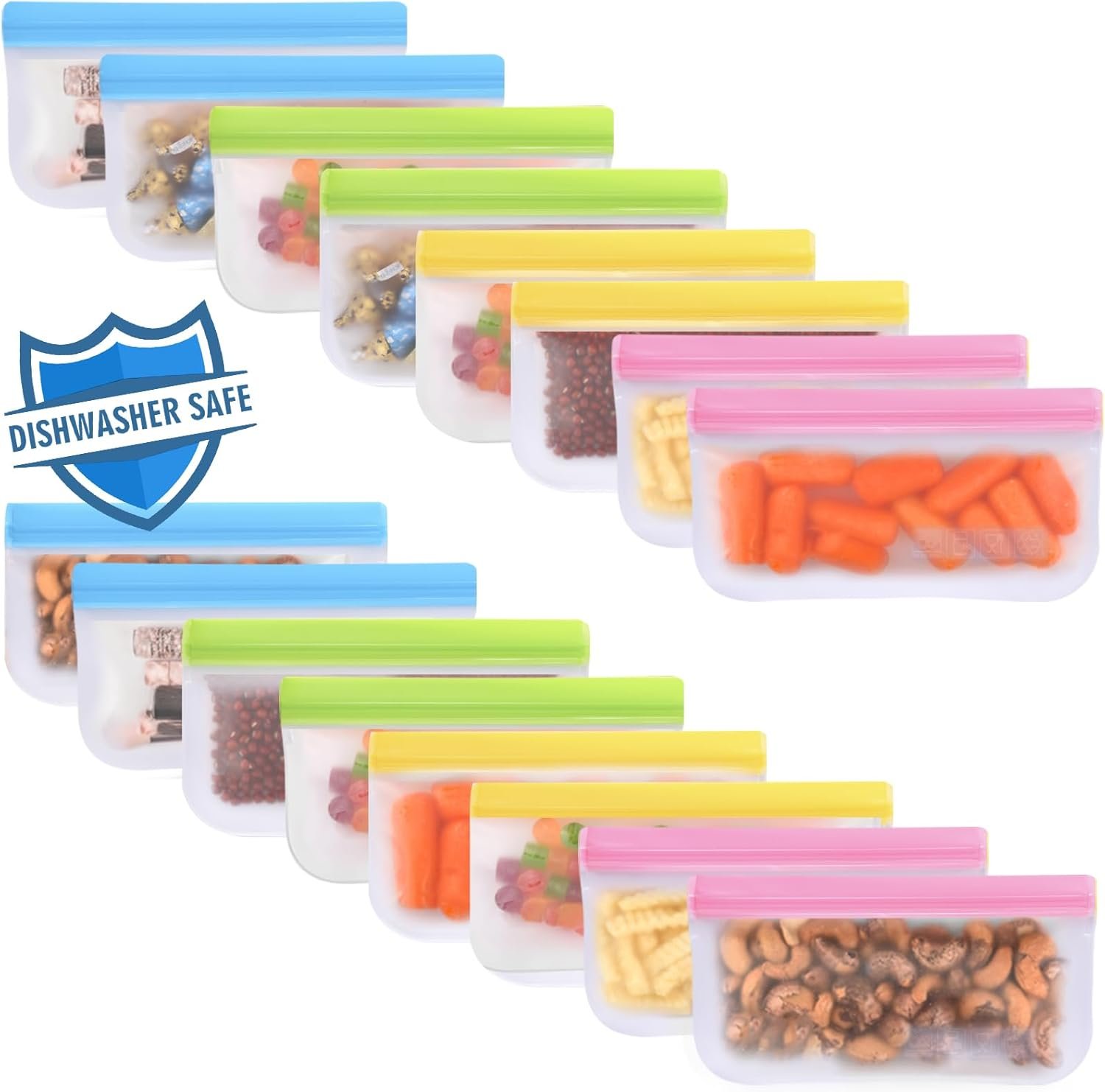 Lerine 16 Pack Reusable Snack Bags Dishwasher Safe, BPA Free Food Storage Bags, Extra Thick Leakproof Reusable Freezer Bags Snack Pouch for Candy, Fruits, Cereal (Multicolor, 16Snack)