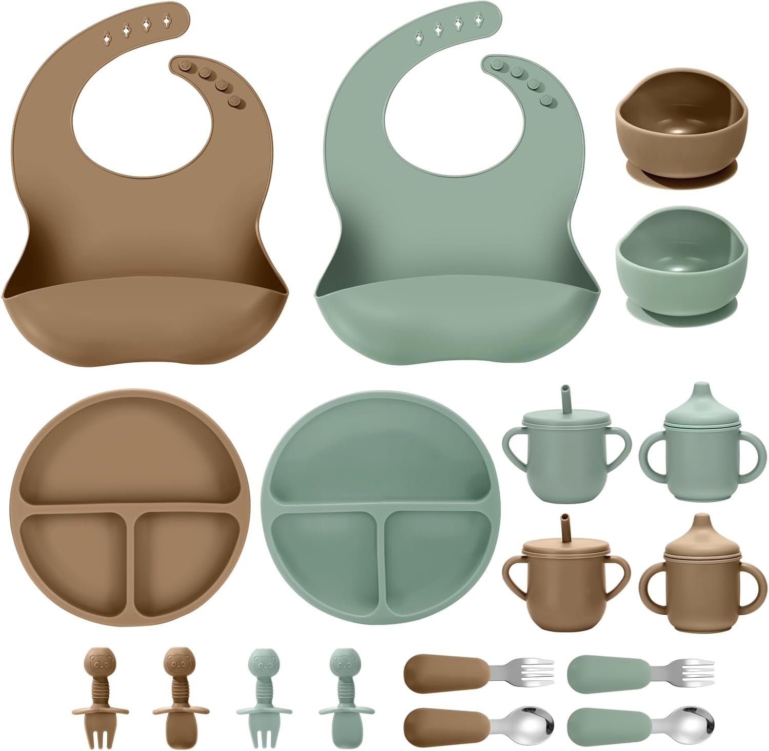 Silicone Baby Feeding Set, 18PCS Baby Led Weaning Supplies | Eating Essentials Utensils with Suction Plate and Bowl, Adjustable Silicone Bib, for 6+ Months (Green+Brown)