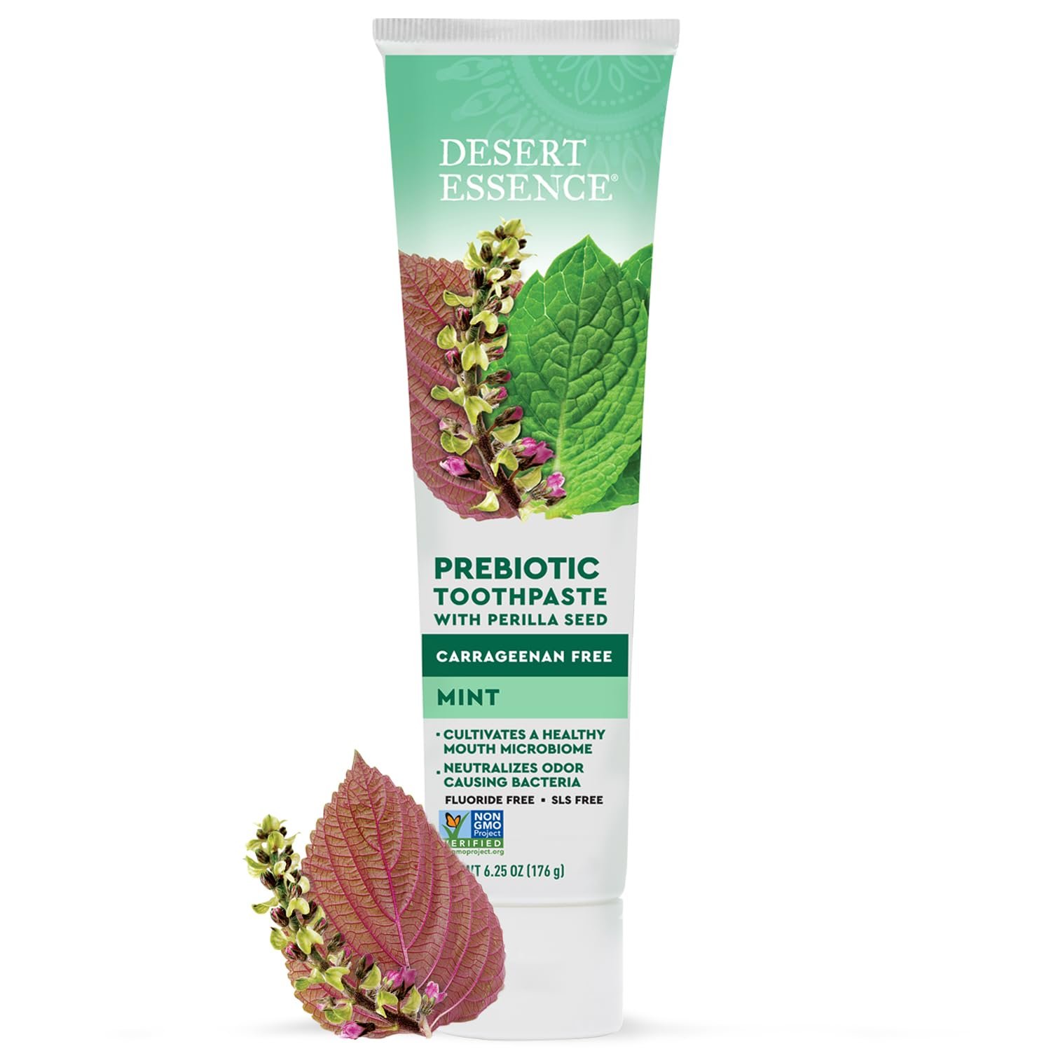 Desert Essence Prebiotic Mint Toothpaste, Fluoride Free, 6.25 oz | Prebiotic toothpaste with inulin, chicory root and perilla seed to support a balanced mouth microbiome and fresh breath
