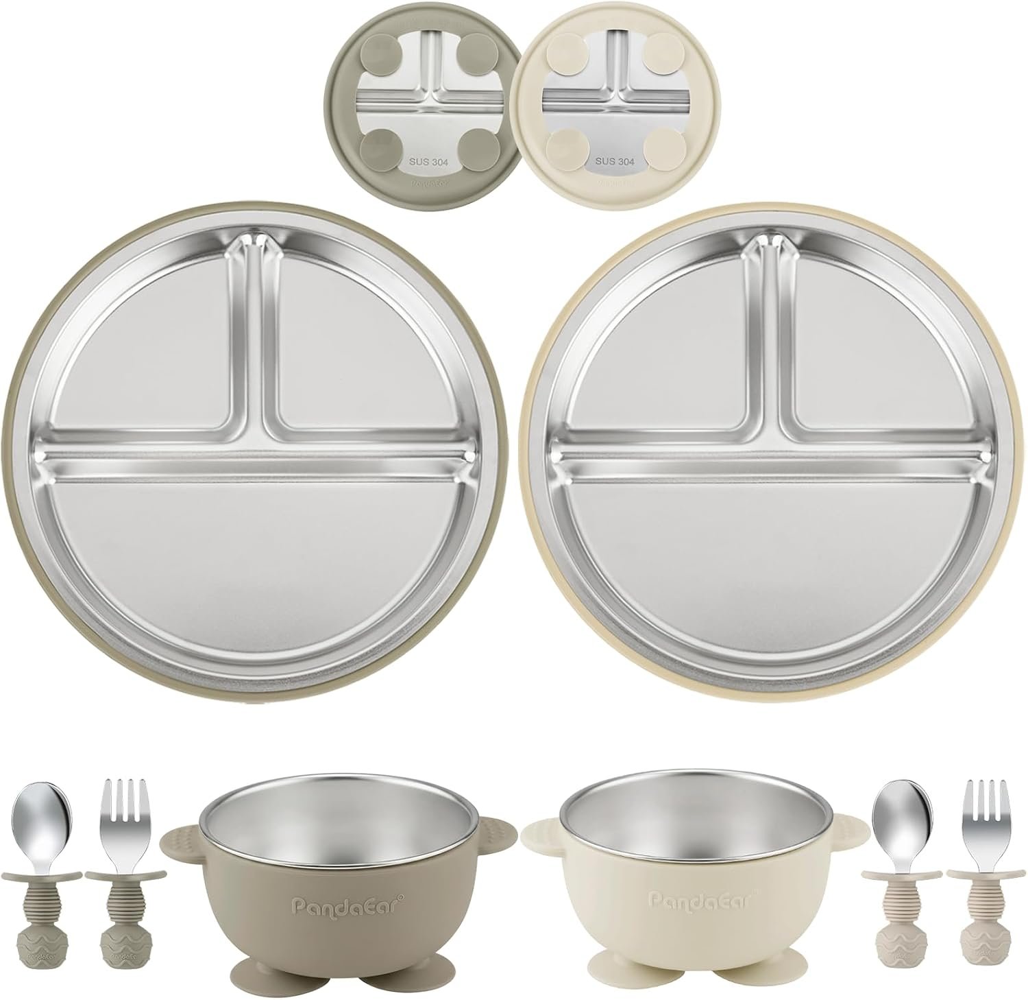 PandaEar 8PCS Baby Feeding Set | Stainless Steel Suction Plates and Bowls with Silicone Fork and Spoon Utensils | Baby Led Weaning Tableware for Toddlers & Kids (Tan & Walnut)