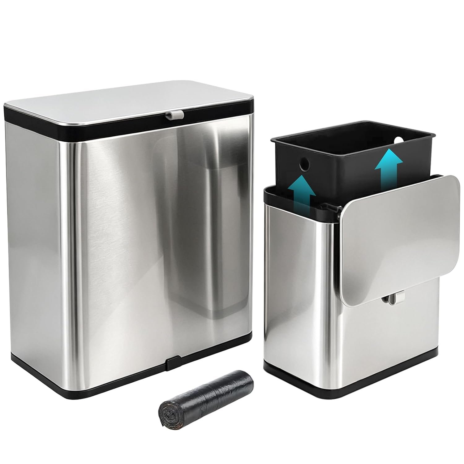 SIDIANBAN 2 Pack Stainless Steel Hanging Trash Can with Lid & Inner Bucket | 2.1 Gal & 0.8 Gal Small Garbage Can for Kitchen Compost, Under Sink, Bathroom, Cupboard, RV, Fingerprint-Proof