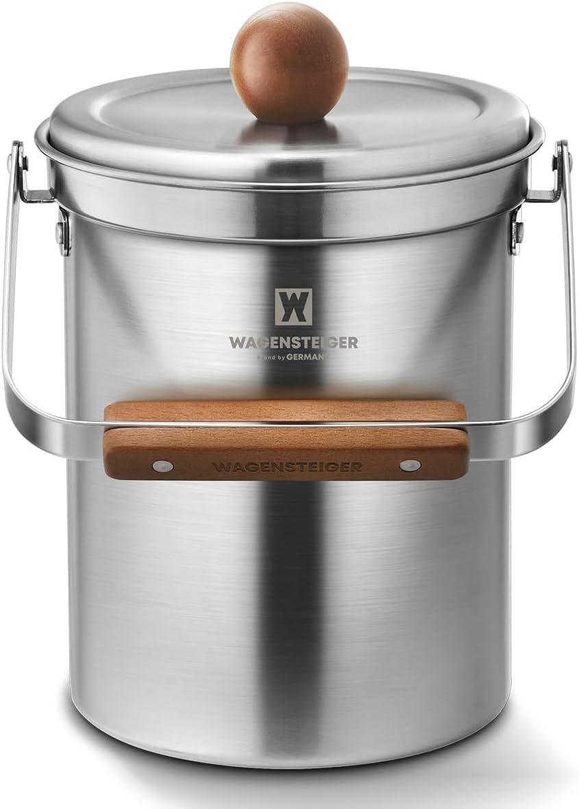 WAGENSTEIGER Kitchen Countertop Compost Bin 101ounces / 3Liters with Airtight Lid, SUS304 Stainless Steel Odor-Free Food Waste Bin with Wooden Handle Stylish Design/Bathroom Trash Can (Silver)