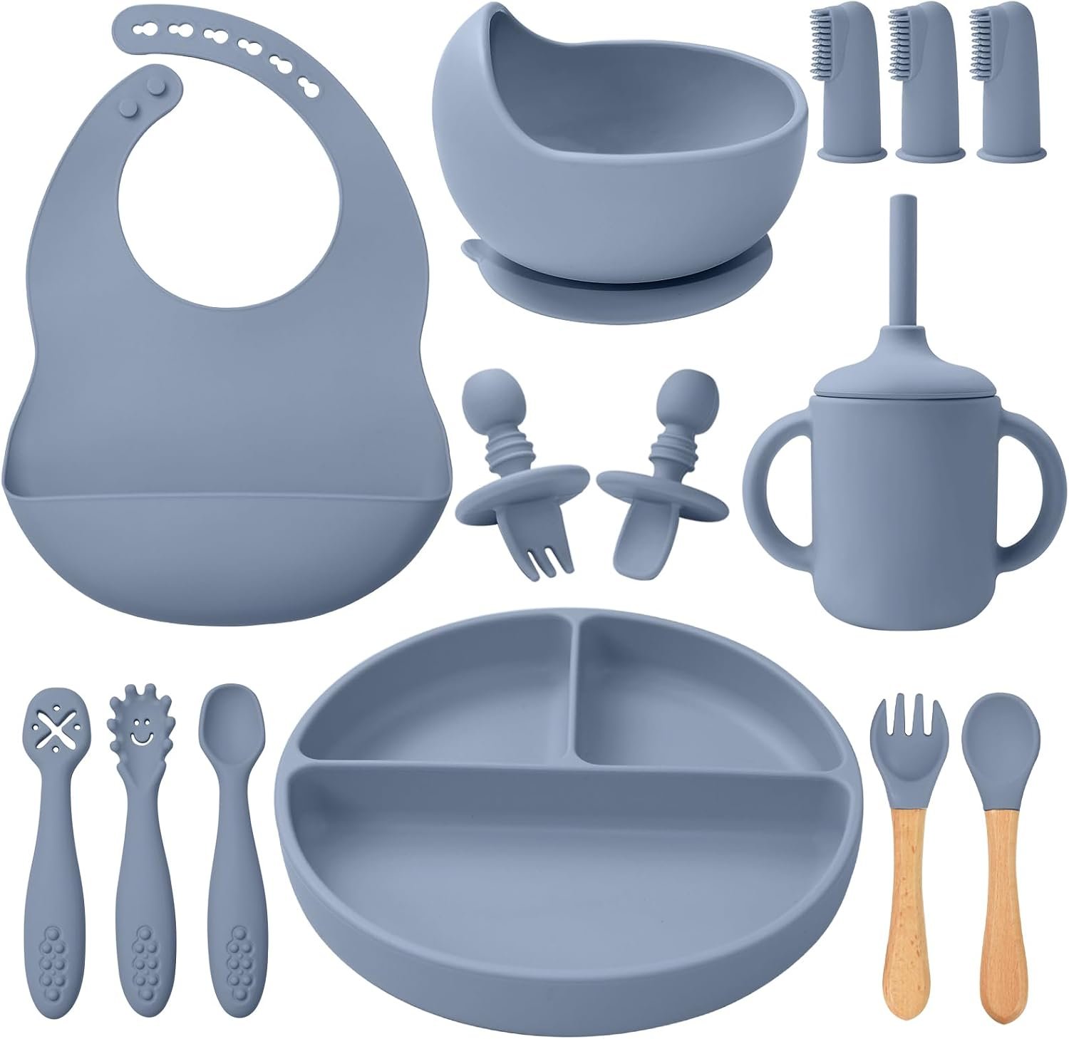 Silicone Baby Feeding Set 14 Pcs, Baby Led Weaning Set, 6M+, Blue Gray | Self-Feeding Utensils, Divided Plate, Suction Bowl, Bib, Cup, Finger Brush, Training Spoons, Microwave and Dishwasher Safe