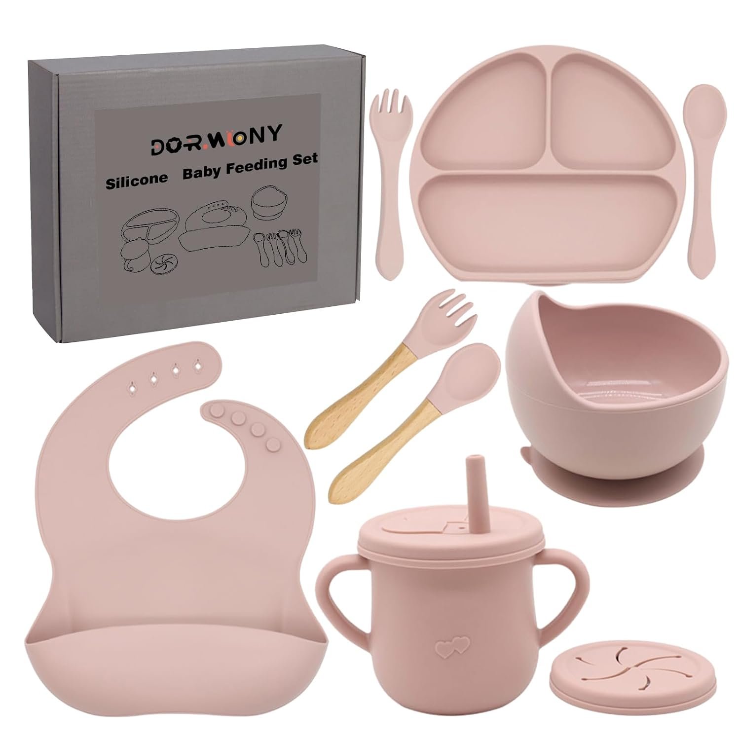 100% Silicone Baby Feeding Set,BPA Free Baby Dishes Set with Suction Bowl Divided Plate,Toddler Self Feeding Dish Set with Spoons Forks Sippy Cup and Bib, Baby Eating Utensils (Pink)