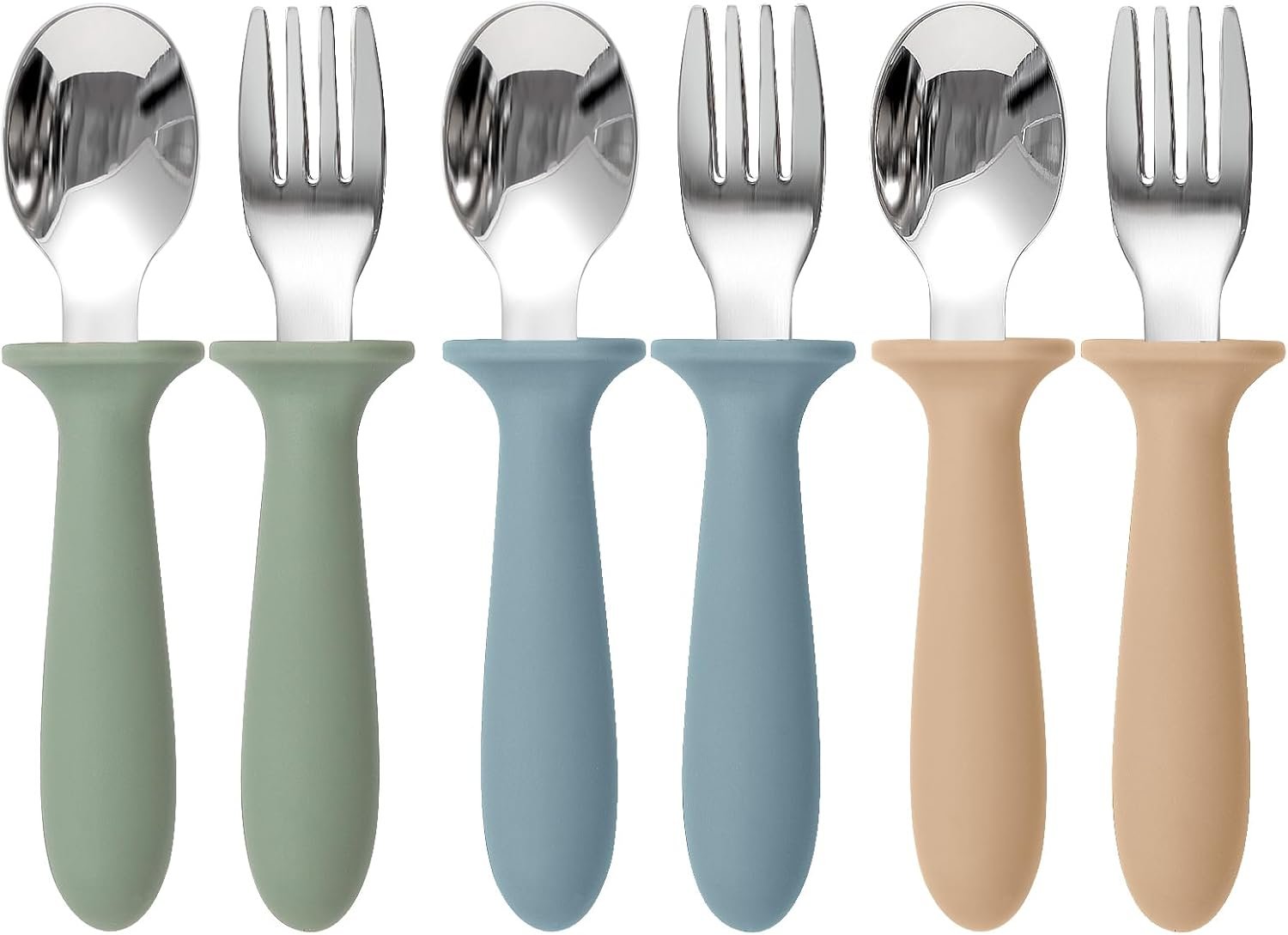 Eascrozn Toddler Utensils, 6 Pack Children Safe Forks and Spoons Set | kids Silverware Set with Silicone Handle, 18/8 Stainless Steel, BPA Free, Dishwasher Safe