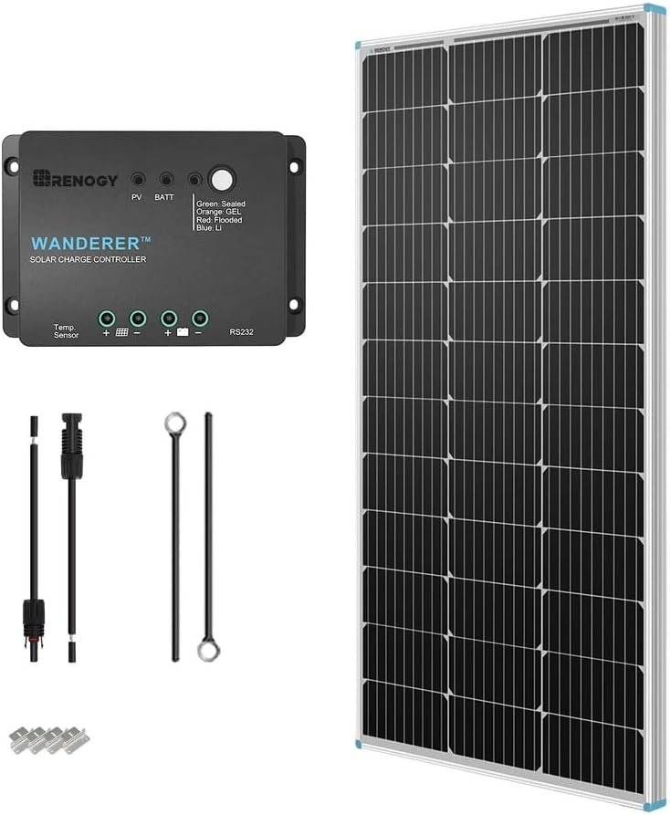 Renogy 100W 12V Solar Panel Starter Kit, 100 Watt Monocrystalline Solar Panel, 30A LCD PWM Charger Controller, Adaptor Kit, Tray Cables, Z Brackets for RV, Camper, and Other Off Grid Applications | Complete kit includes Monocrystalline solar panel, Charger Controller, cables, Z-brackets. For RVs, campers, off-grid.