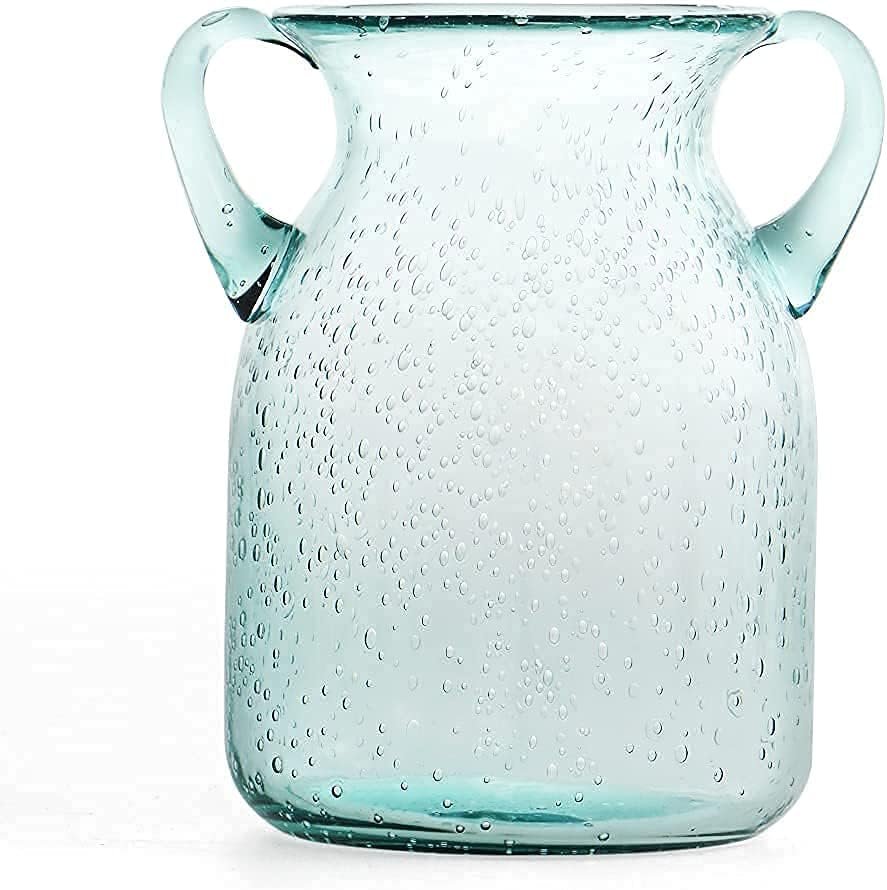 MDLUU Seeded Glass Vase, 4.6″ W x 6.7″ H, Clear, Double Ear Design, Coastal Modern Style, Perfect for Dining Room, Bedroom, Bathroom