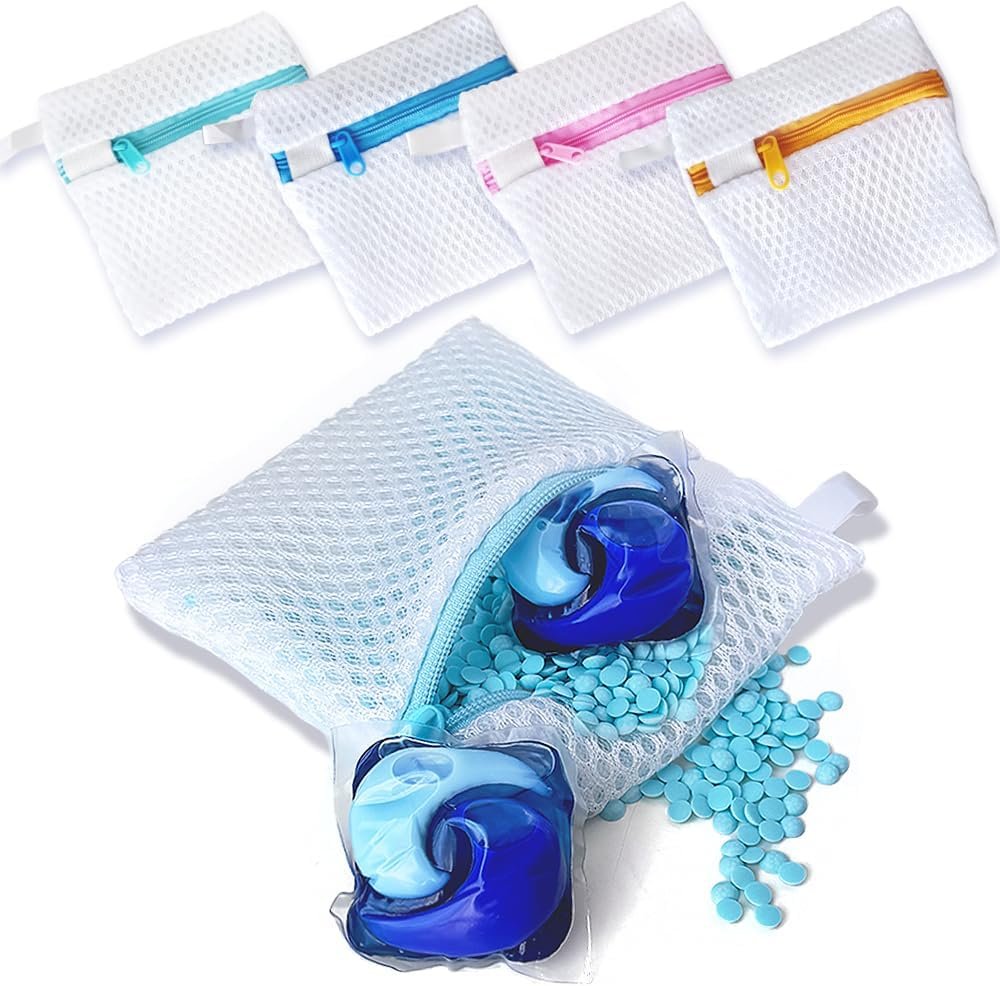 4 Pack Laundry Pod Bags with Zipper, Reusable Mesh Wash Bags for Anti-Sticking & Stain Prevention, Secure Holder for Detergent Pods & Scent Beads, Washer Safe Delicates Laundry Aid