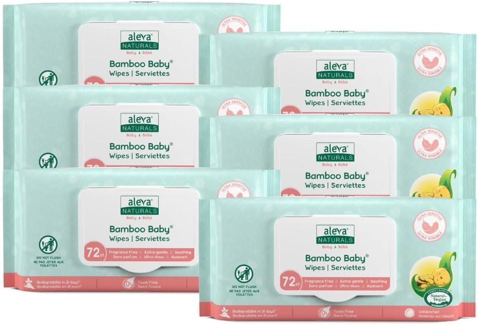 Aleva Naturals Bamboo Baby Sensitive Wipes | Unscented | Extra Strong and Ultra Soft | Natural and Organic Ingredients | Certified Vegan | 6 packs of 72ct – Total of 432ct