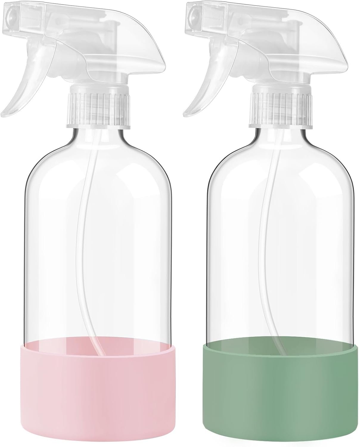 Glass Spray Bottles with Silicone Sleeve, 2 Pack16 oz Empty Refillable Containers with Adjustable Spray Nozzles, Spray Bottles for Hair, Cleaning Solutions and Plants Olive Green&Pink | Leak-Proof Empty Refillable Containers with Adjustable Spray Nozzles, Spray Bottles for Hair, Cleaning and Plants