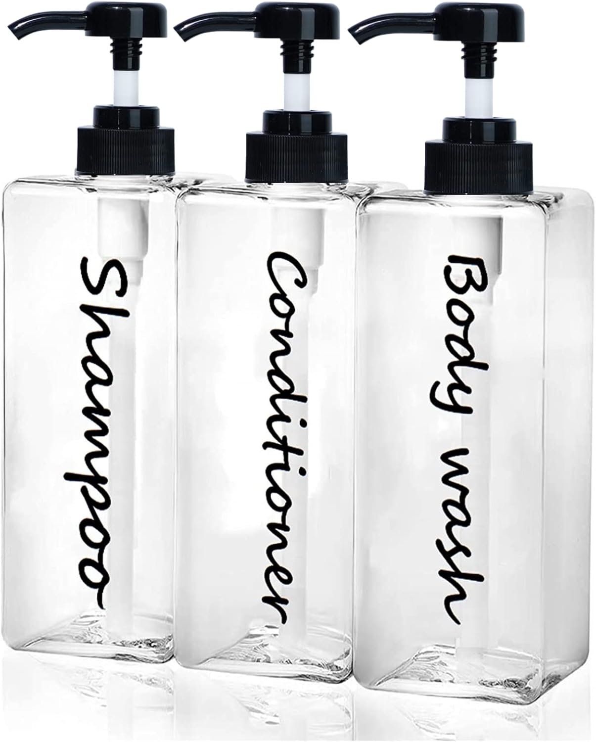 Shampoo Dispenser – Refillable Shampoo and Conditioner Bottles (Clear, Set of 3, 21oz) – Modern Shampoo Bottles for Shower Soap – Empty Shampoo Conditioner Body Wash Dispenser (Black) (Black)